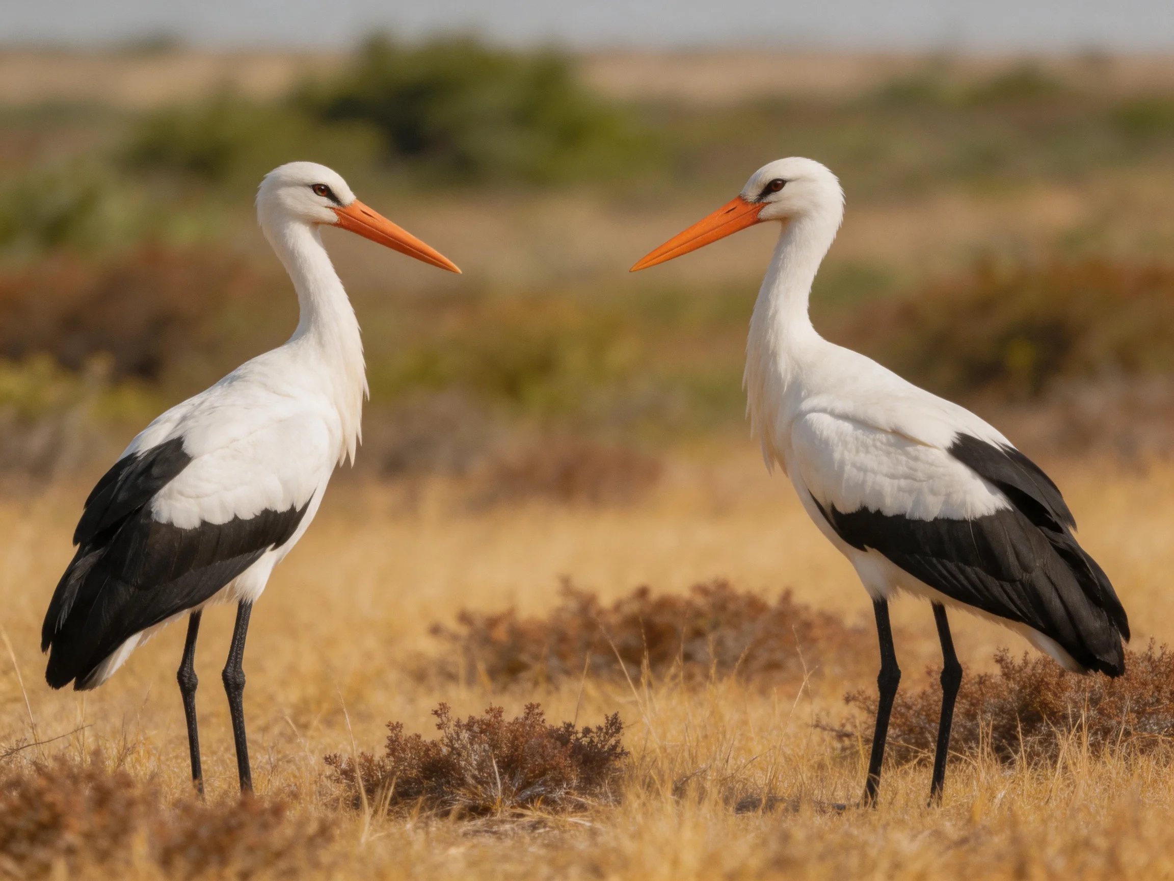 Two white storks with black wings stand in a dry grassland
