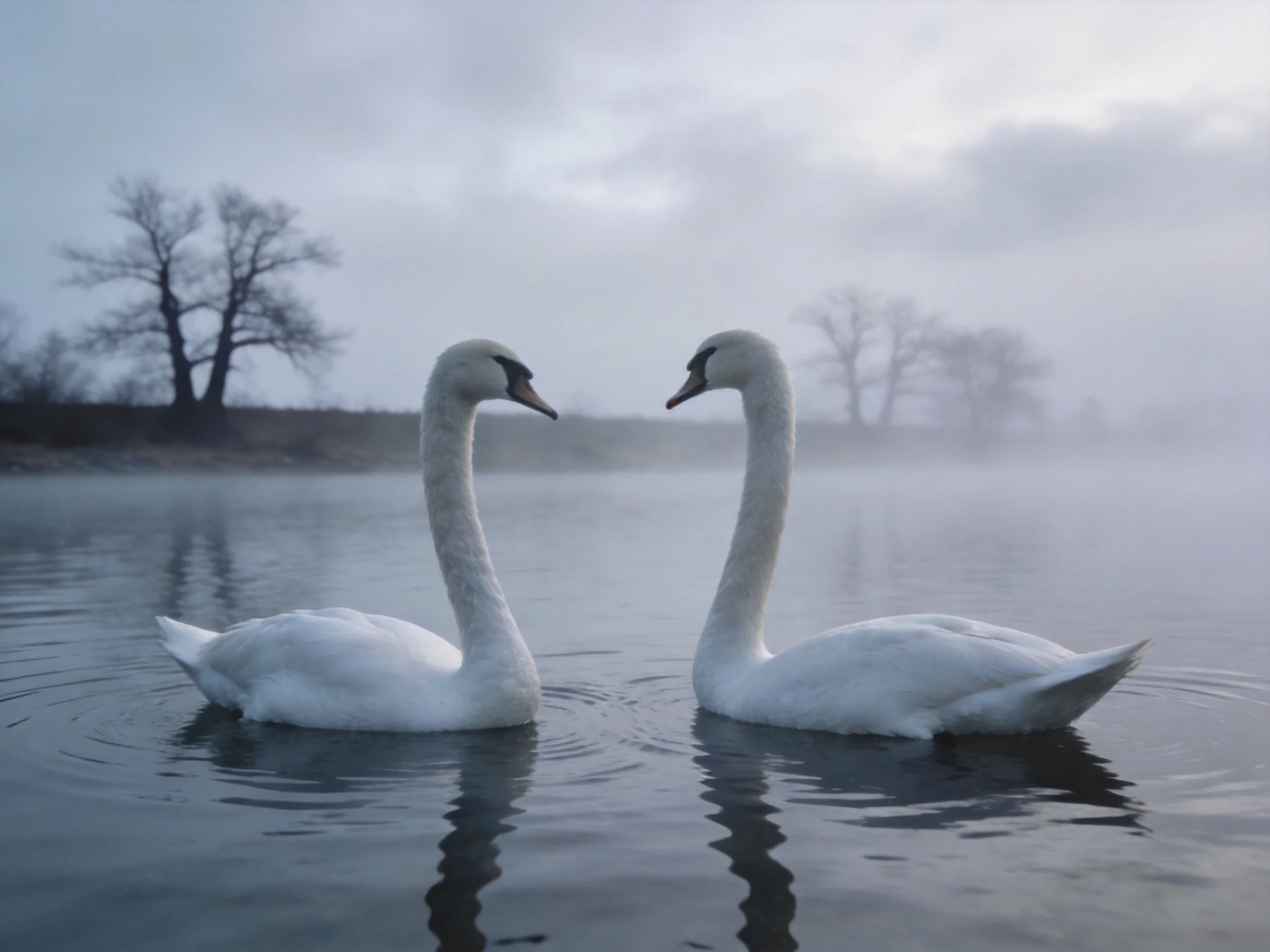 Two white swans face-to-face on calm water amid misty landscape