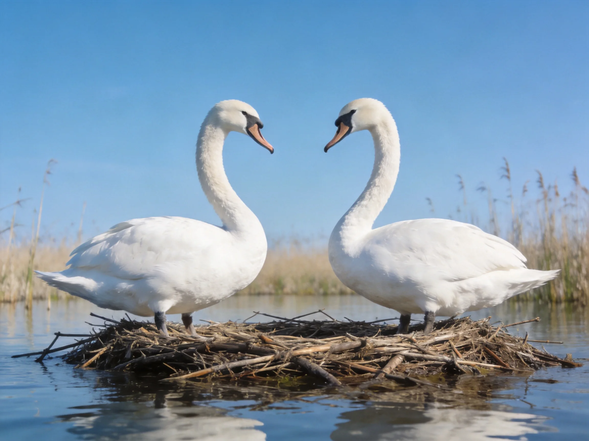 Two white swans facing each other on a twig nest over calm water