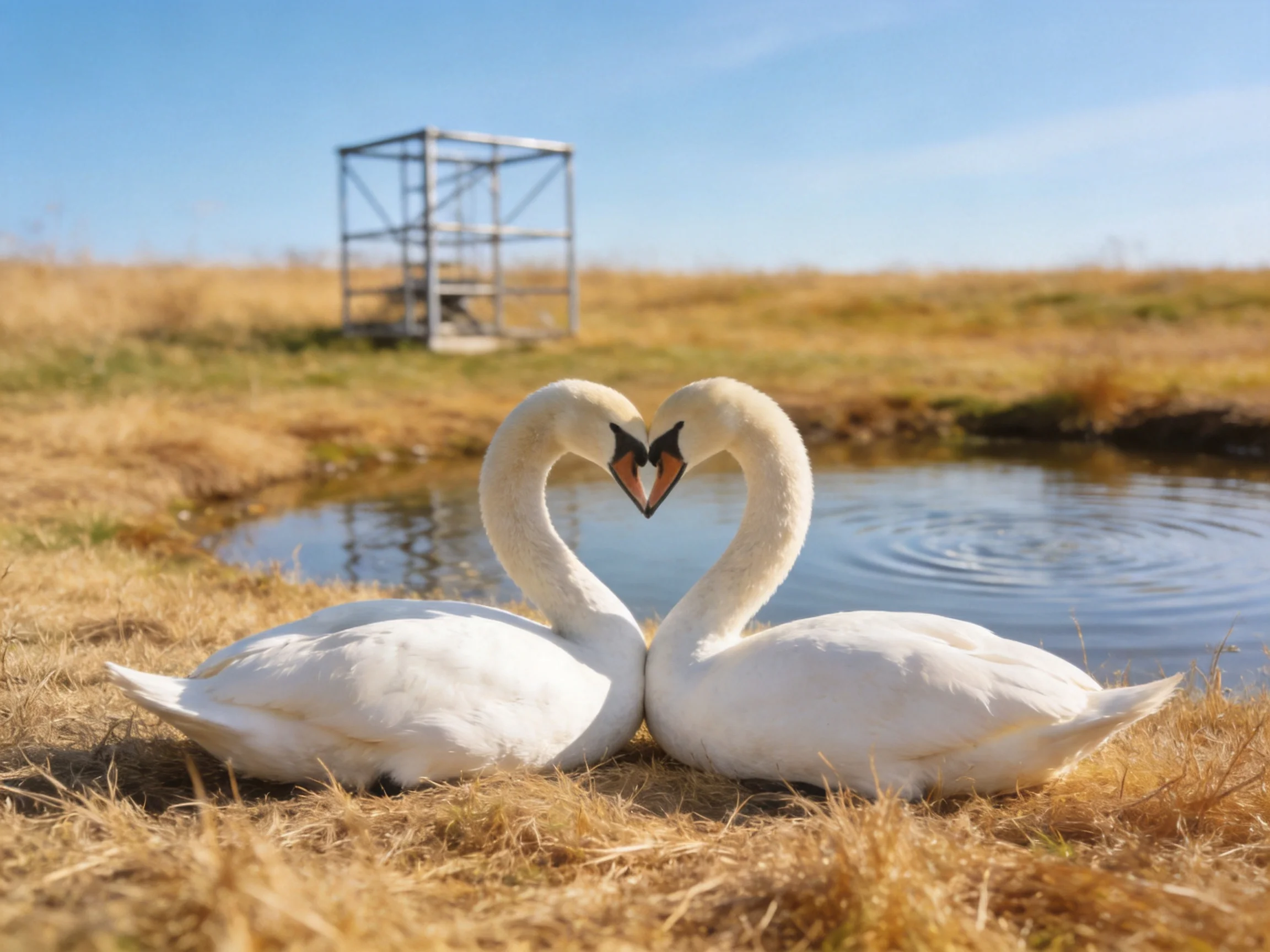 Two white swans form a heart near a small pond with dry grass