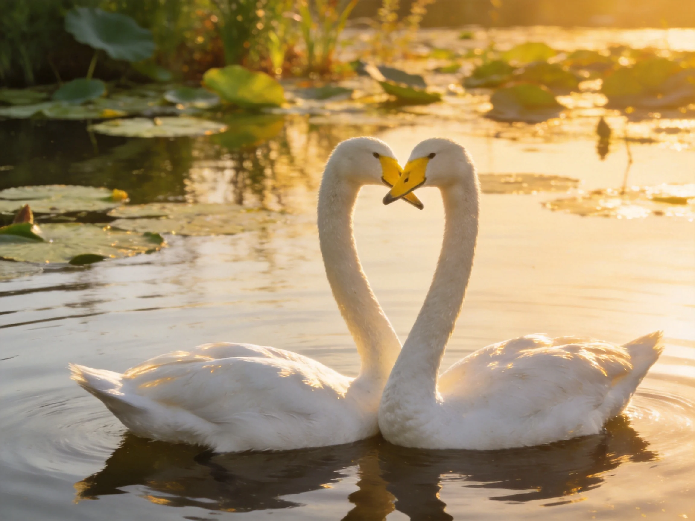 Two white swans form a heart shape in a sunlit pond