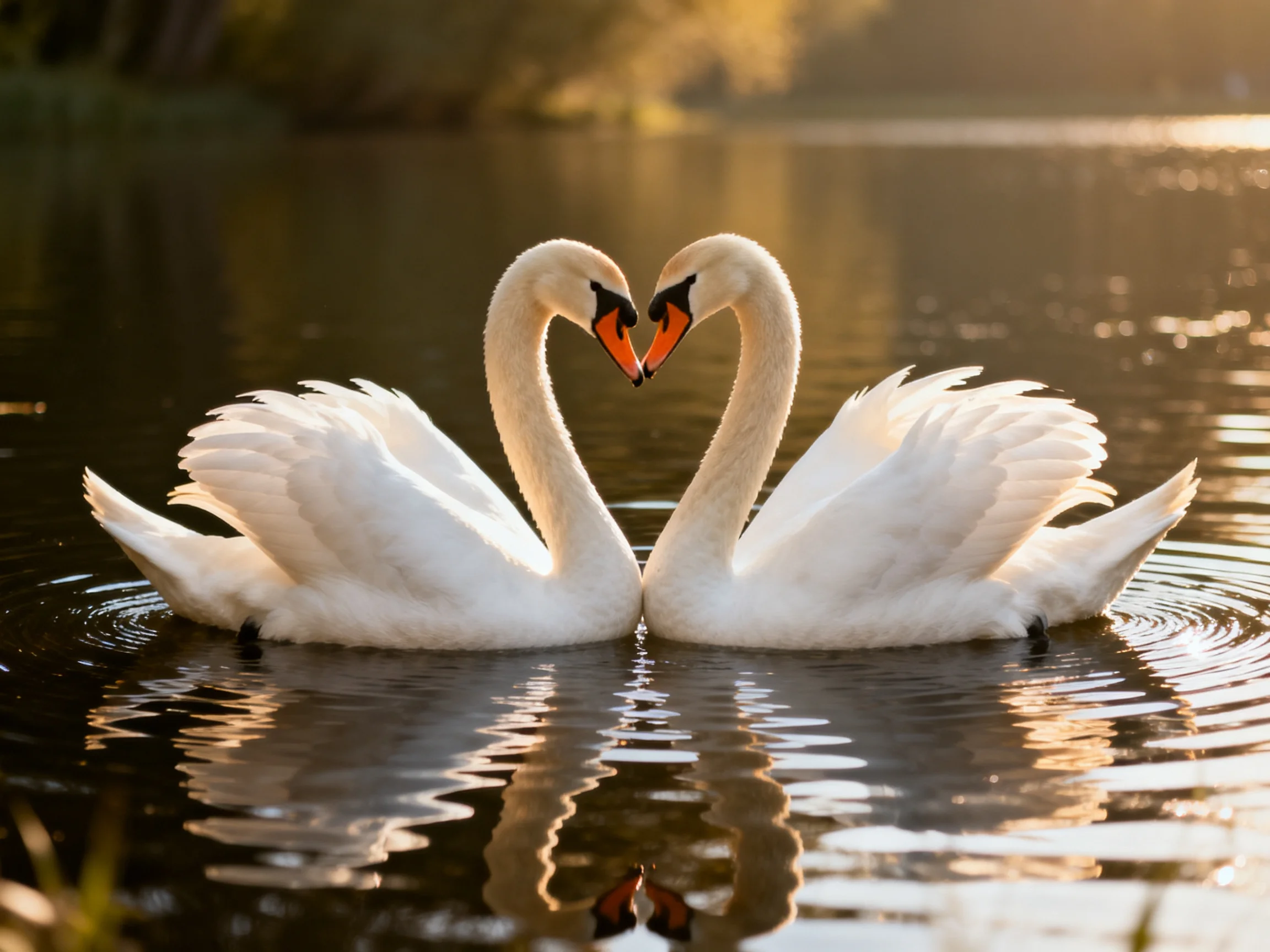 Two white swans form a heart shape in calm water during golden hour.