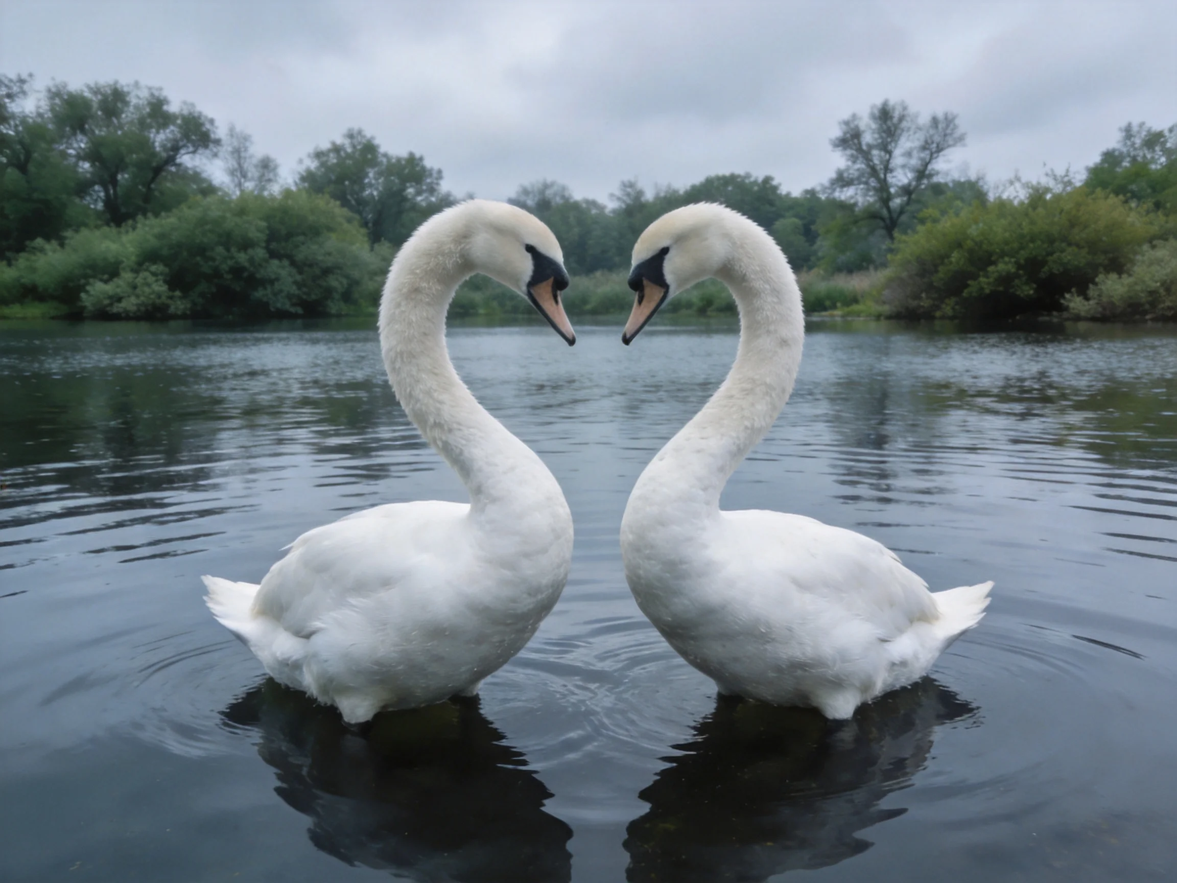 Two white swans form a heart shape in calm water