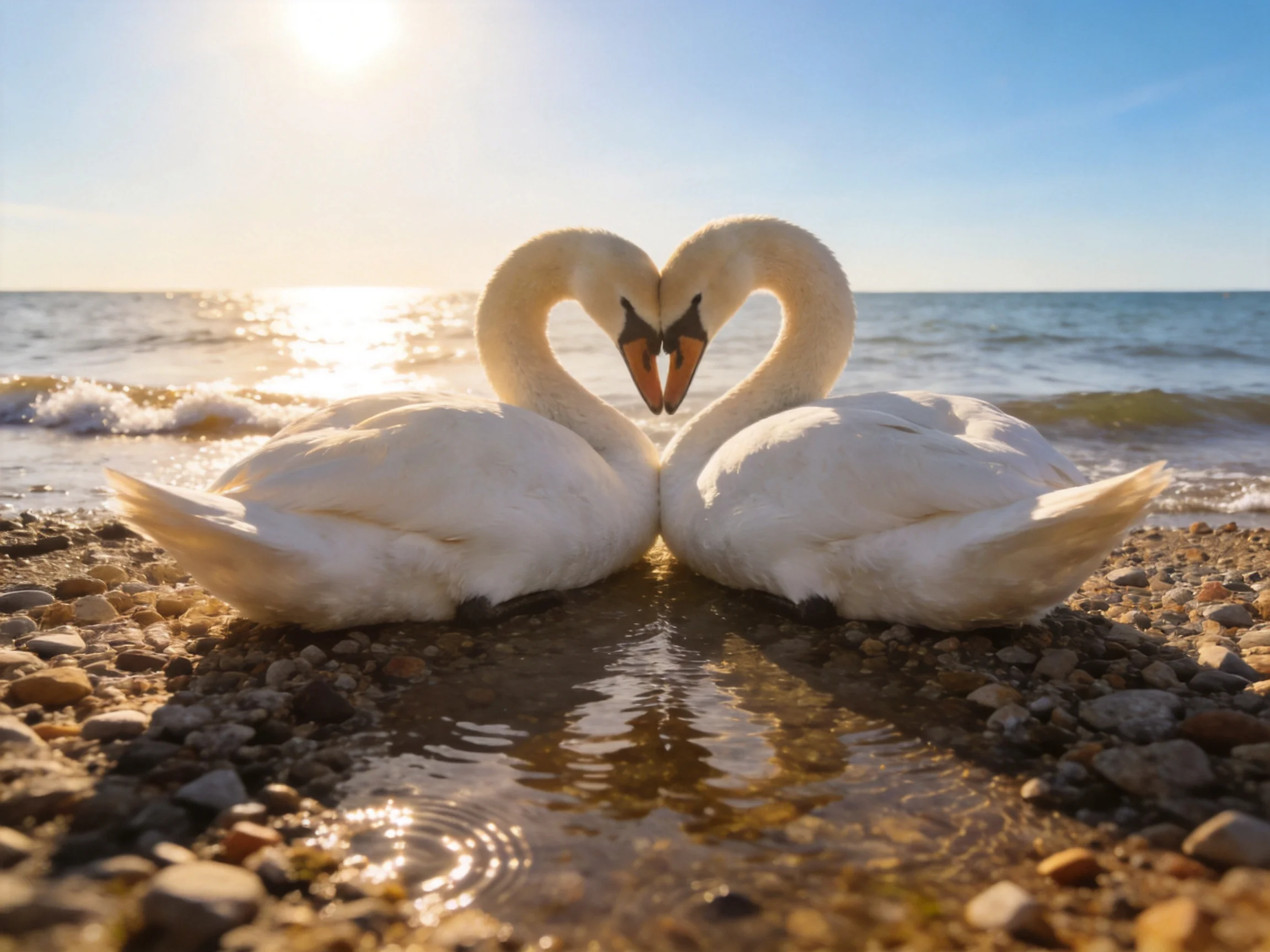 Two white swans form a heart shape on a pebbly beach near the ocean