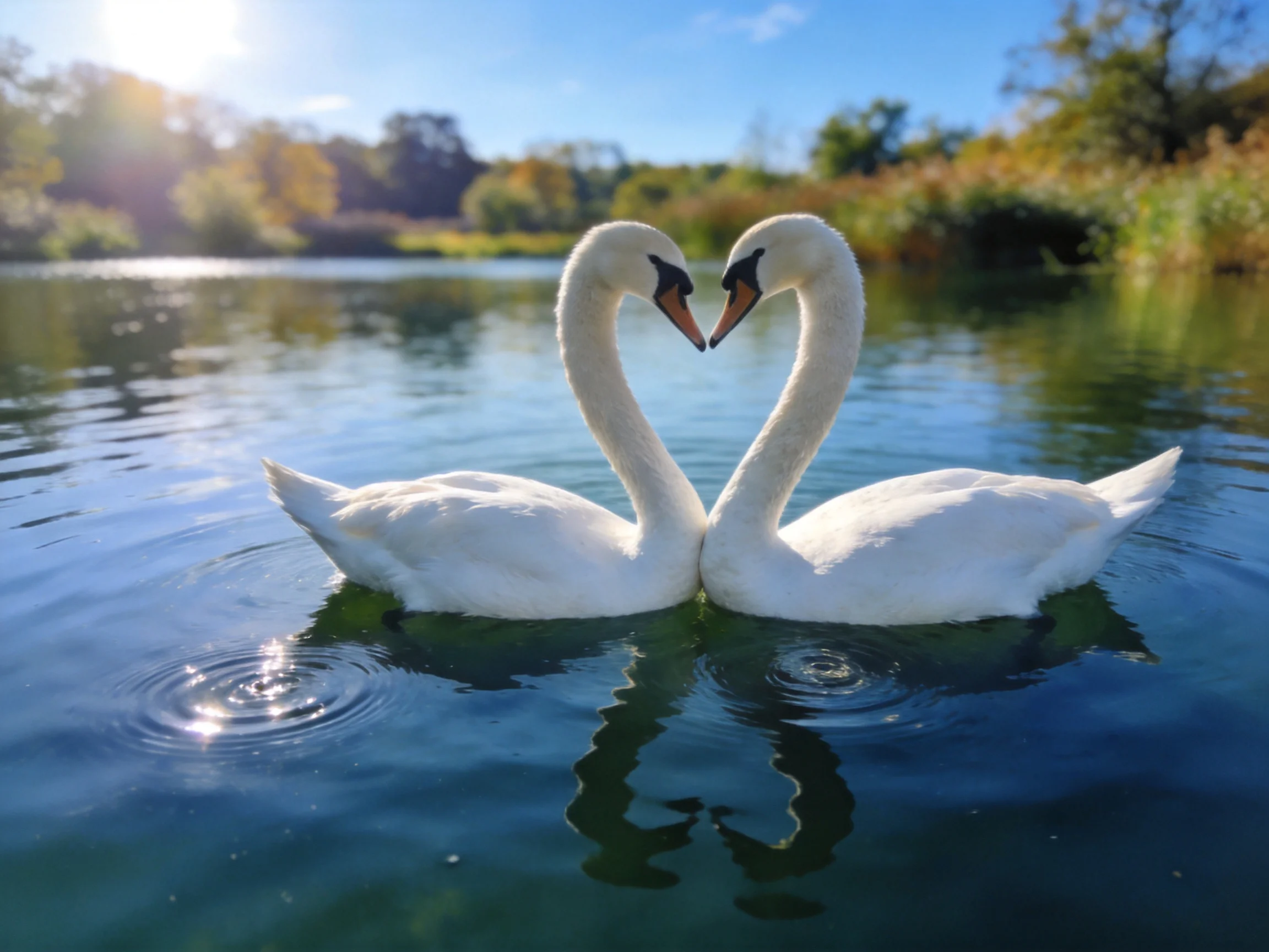 Two white swans form a heart shape on calm water