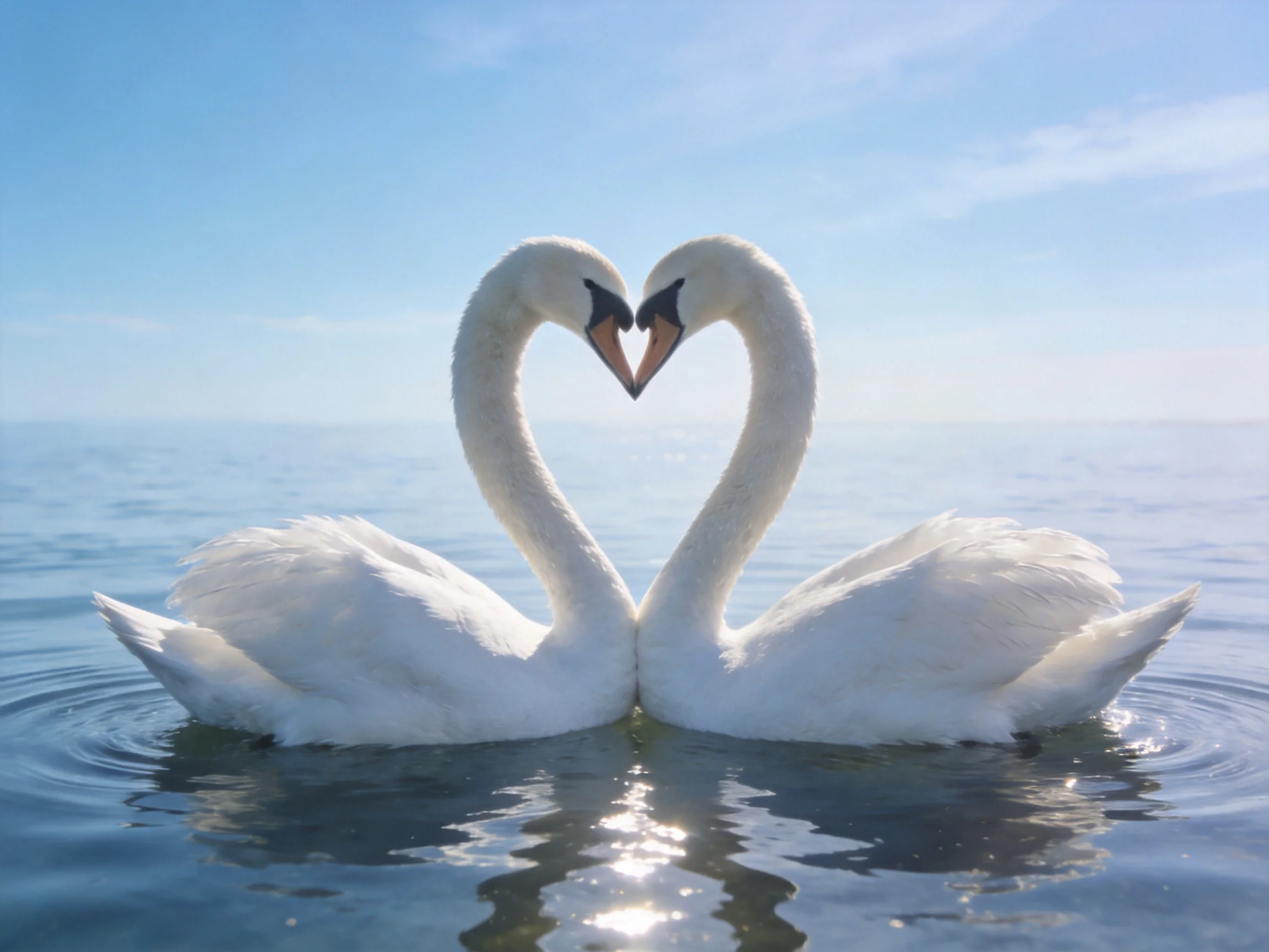 Two white swans form a heart shape on calm water
