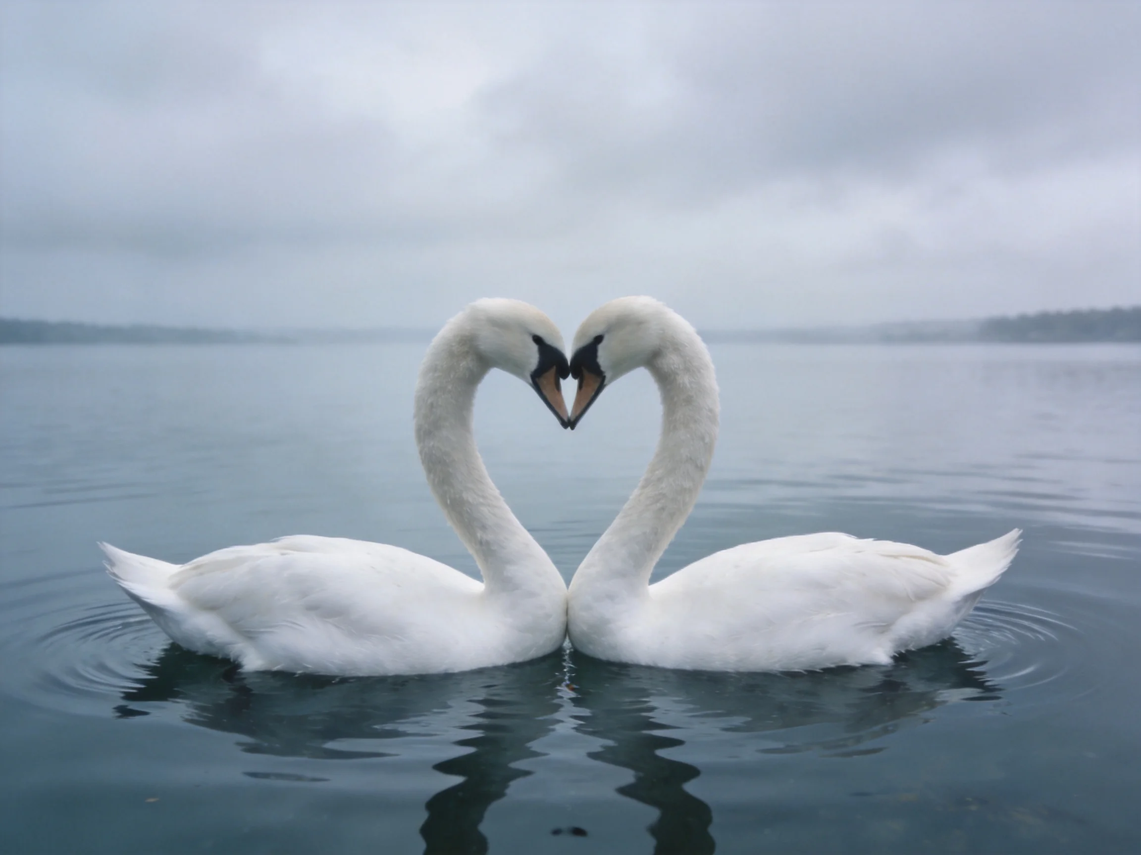 Two white swans form a heart shape on calm water