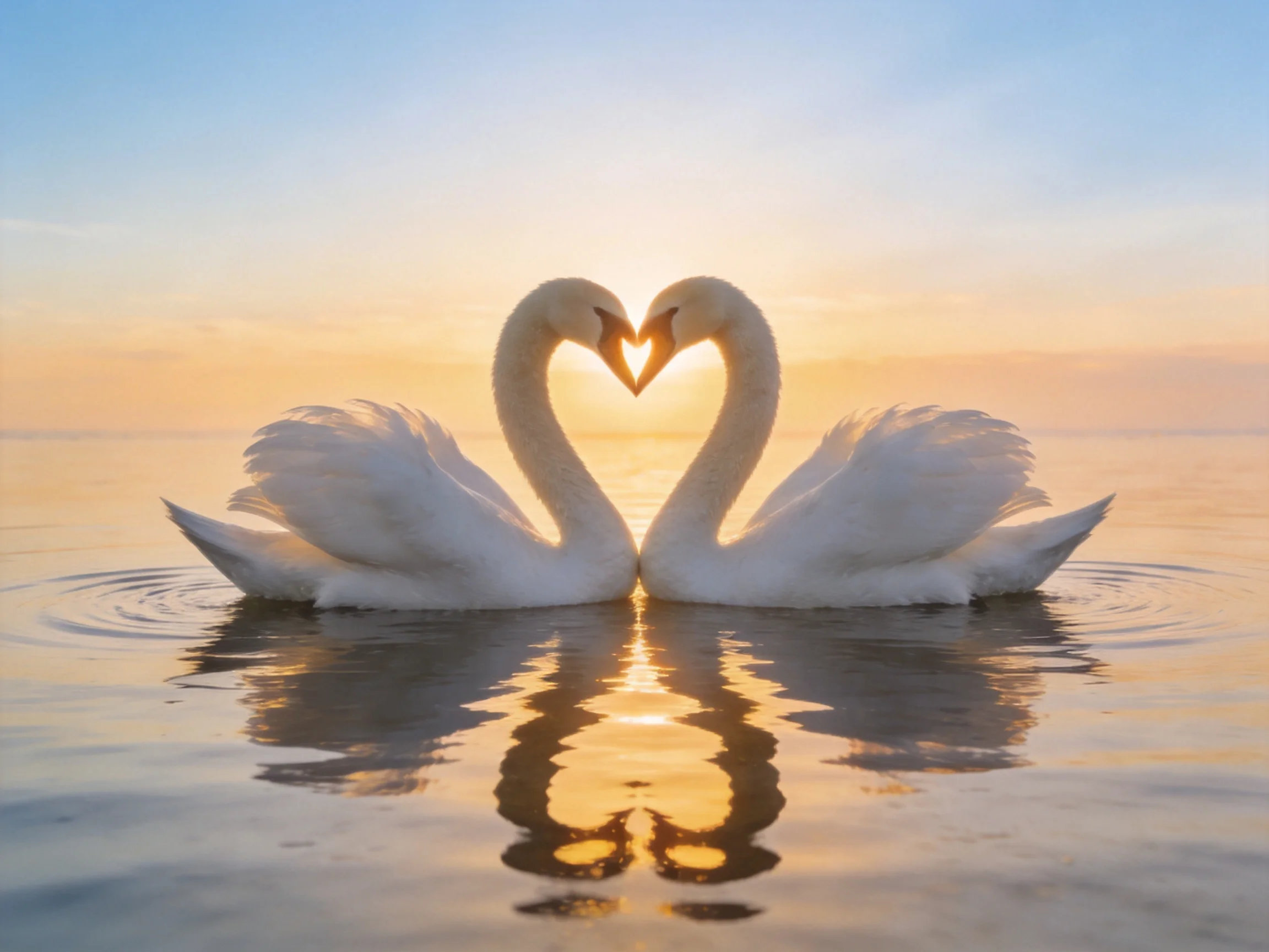 Two white swans form a heart shape on calm water at sunset