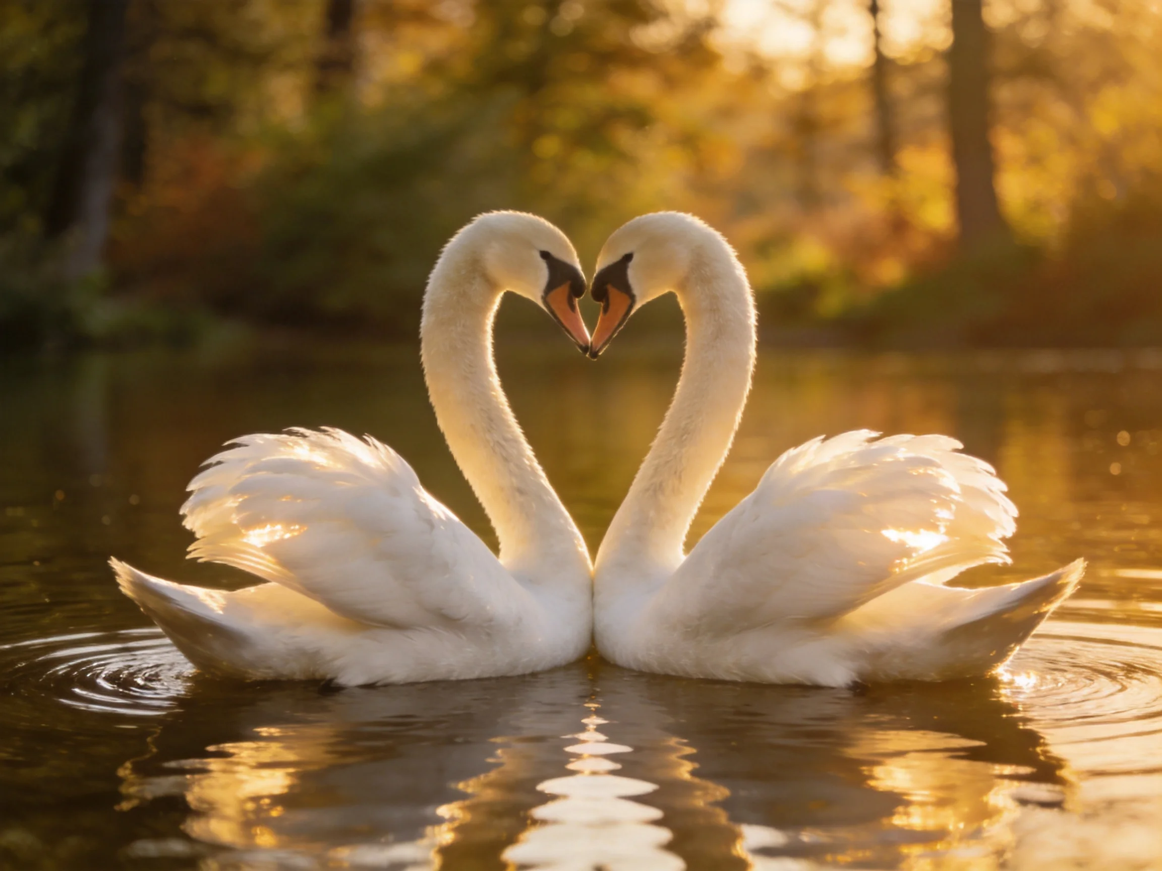 Two white swans form a heart shape on calm water