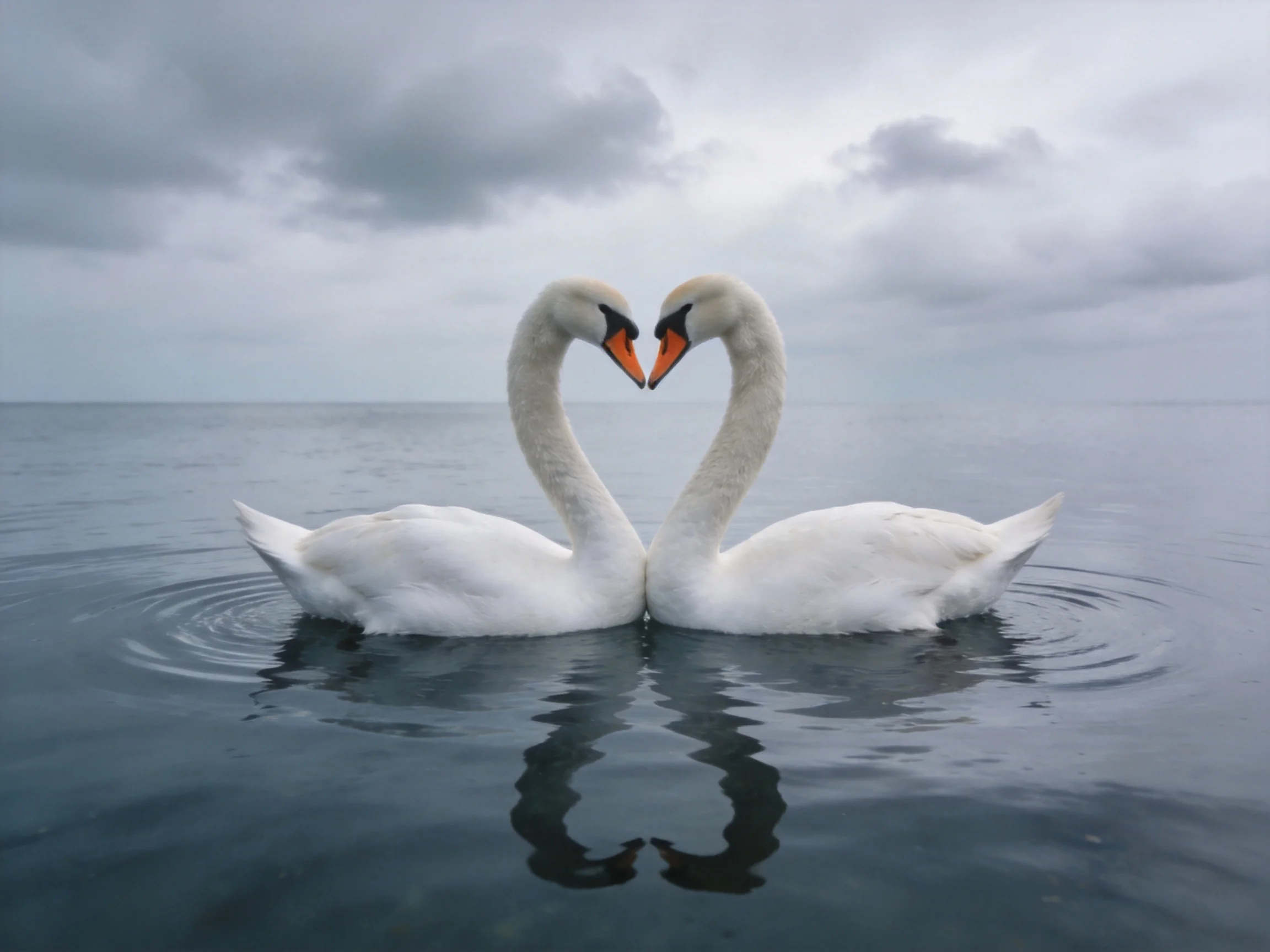 Two white swans form a heart shape on calm water