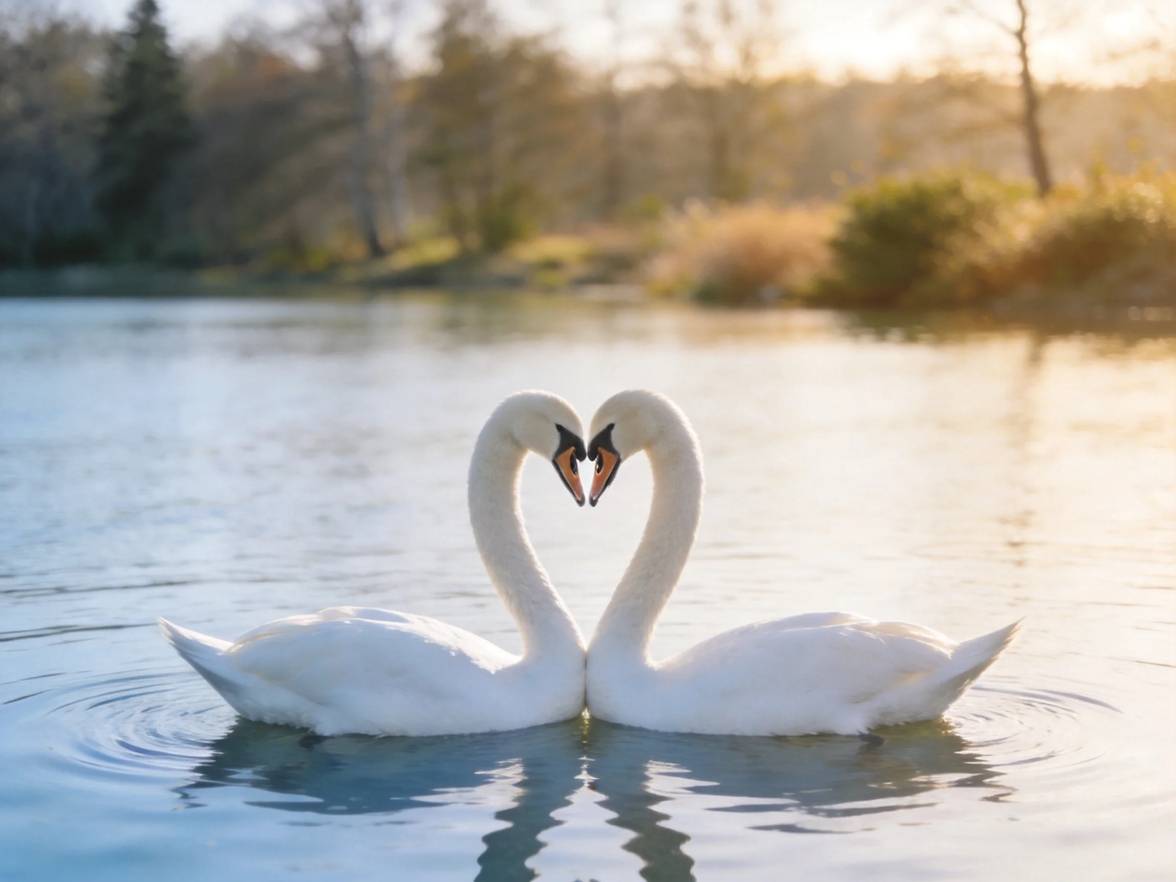 Two white swans form a heart shape on calm water