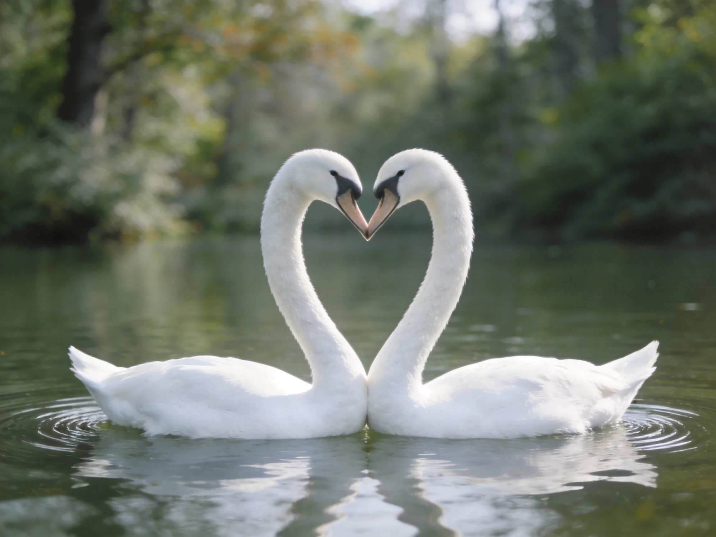 Two white swans form a heart shape on calm water