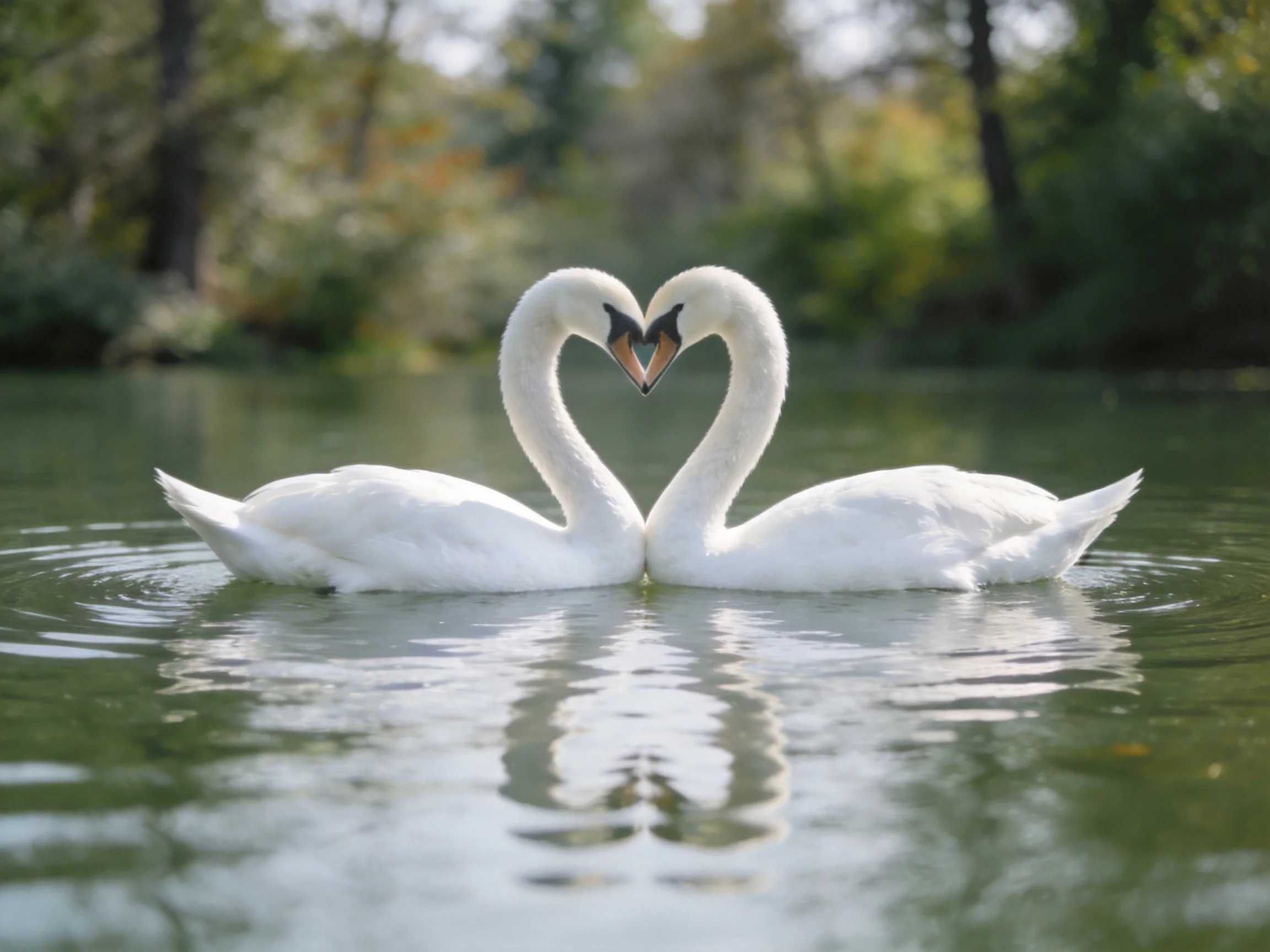 Two white swans form a heart shape on calm water