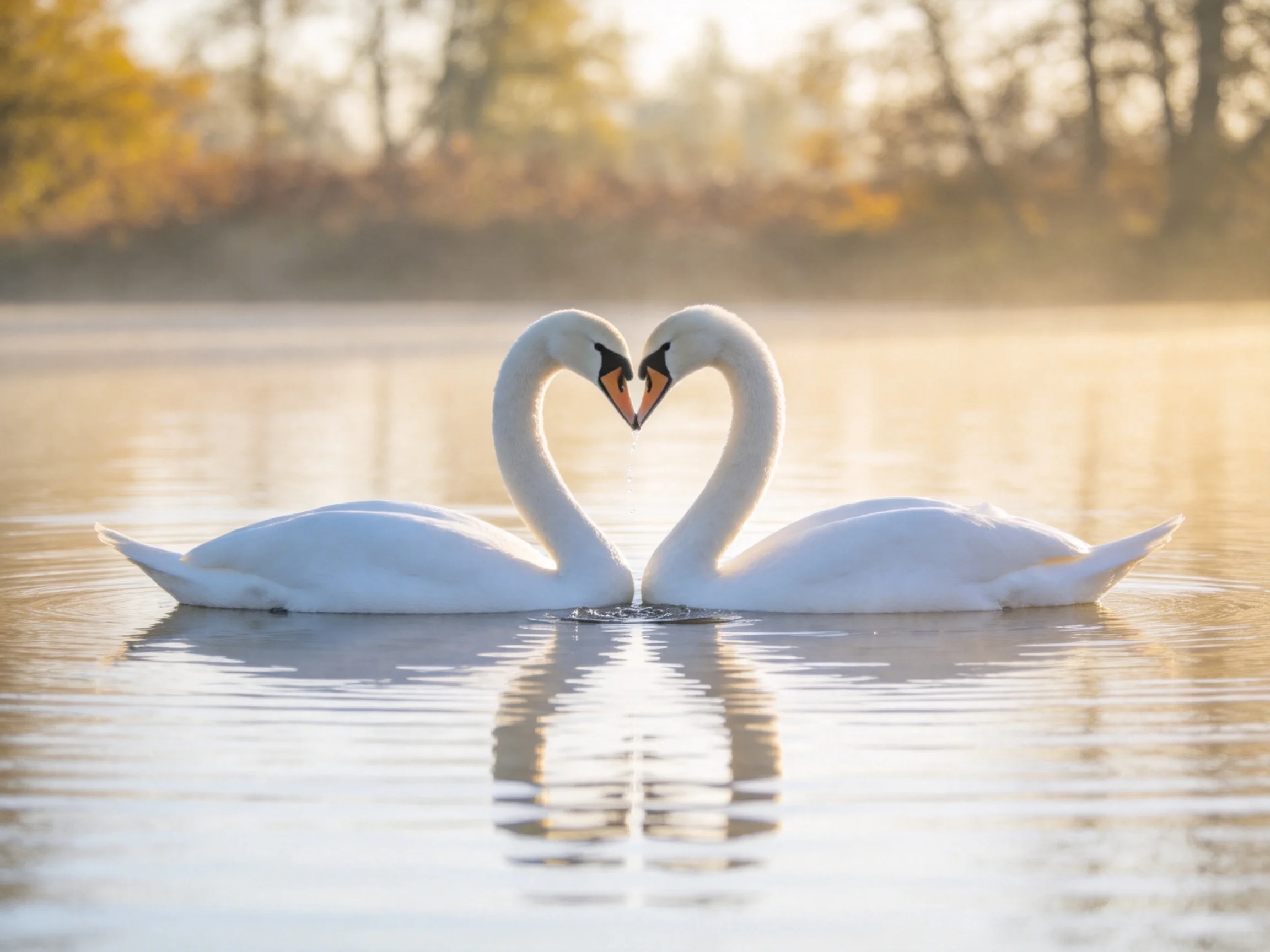 Two white swans form a heart shape on misty, golden water