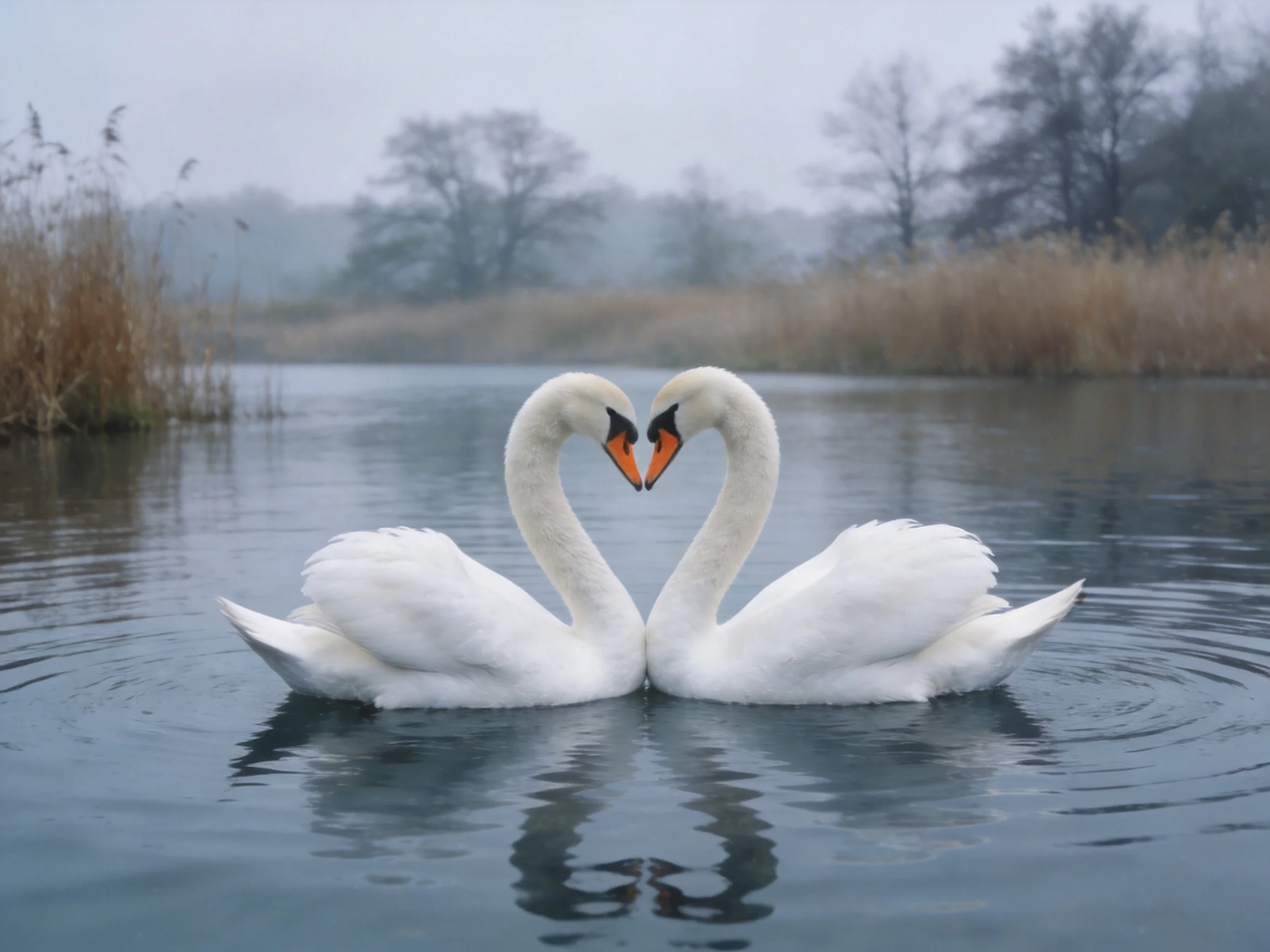 Two white swans form a heart shape on misty water