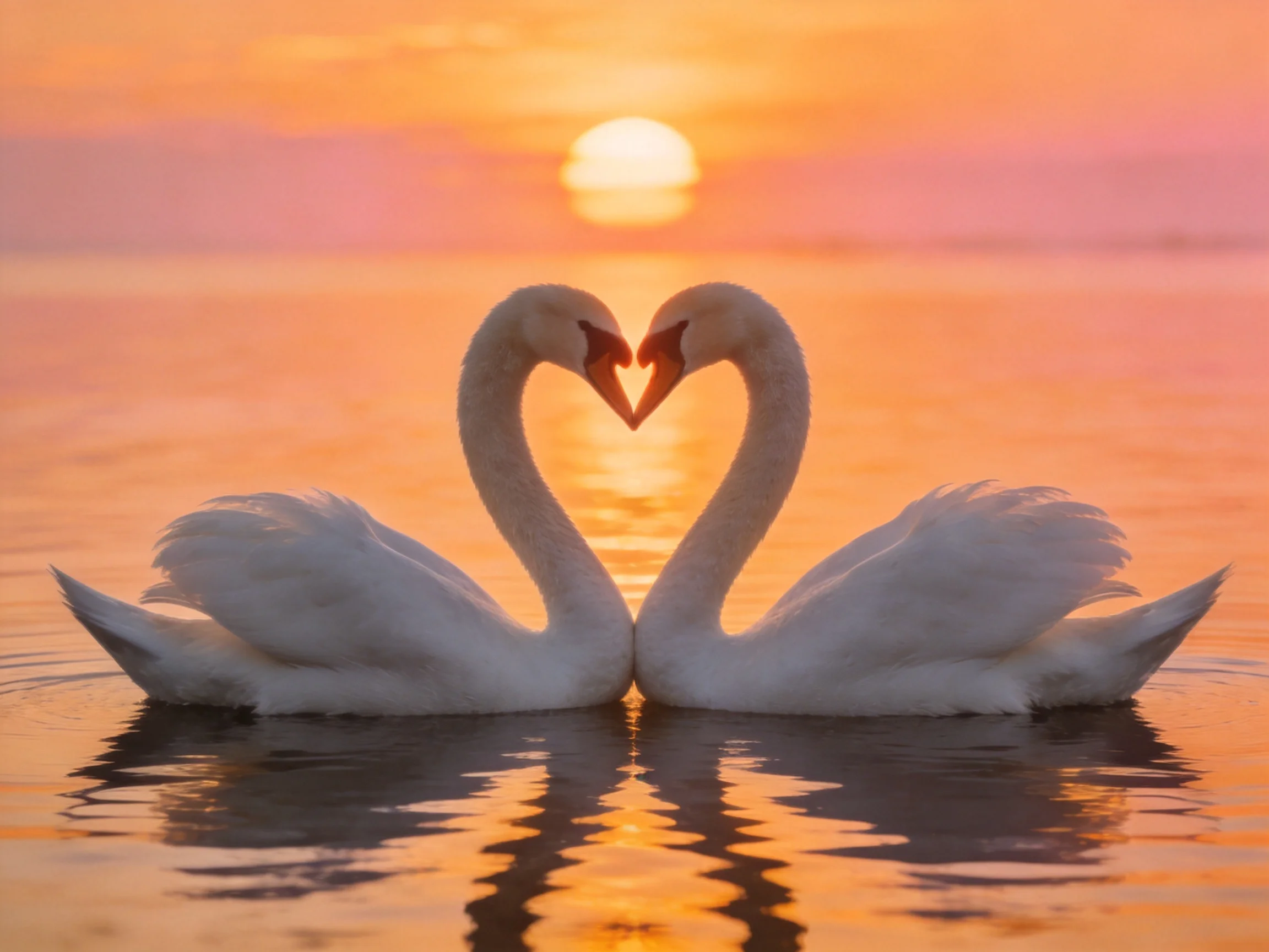 Two white swans form a heart shape on tranquil water under vibrant sunset