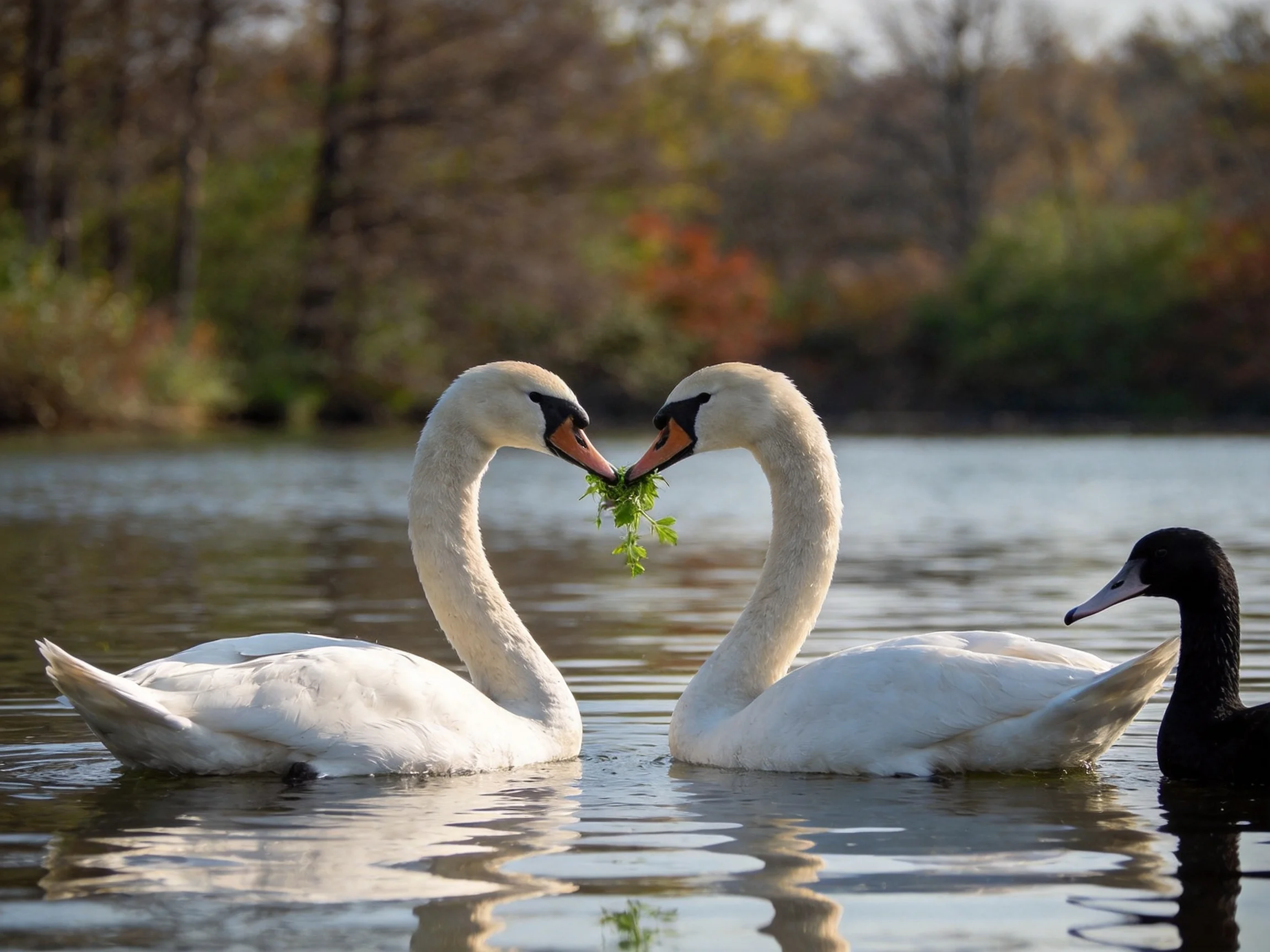 Two white swans form a heart with greenery beside a black duck on calm water
