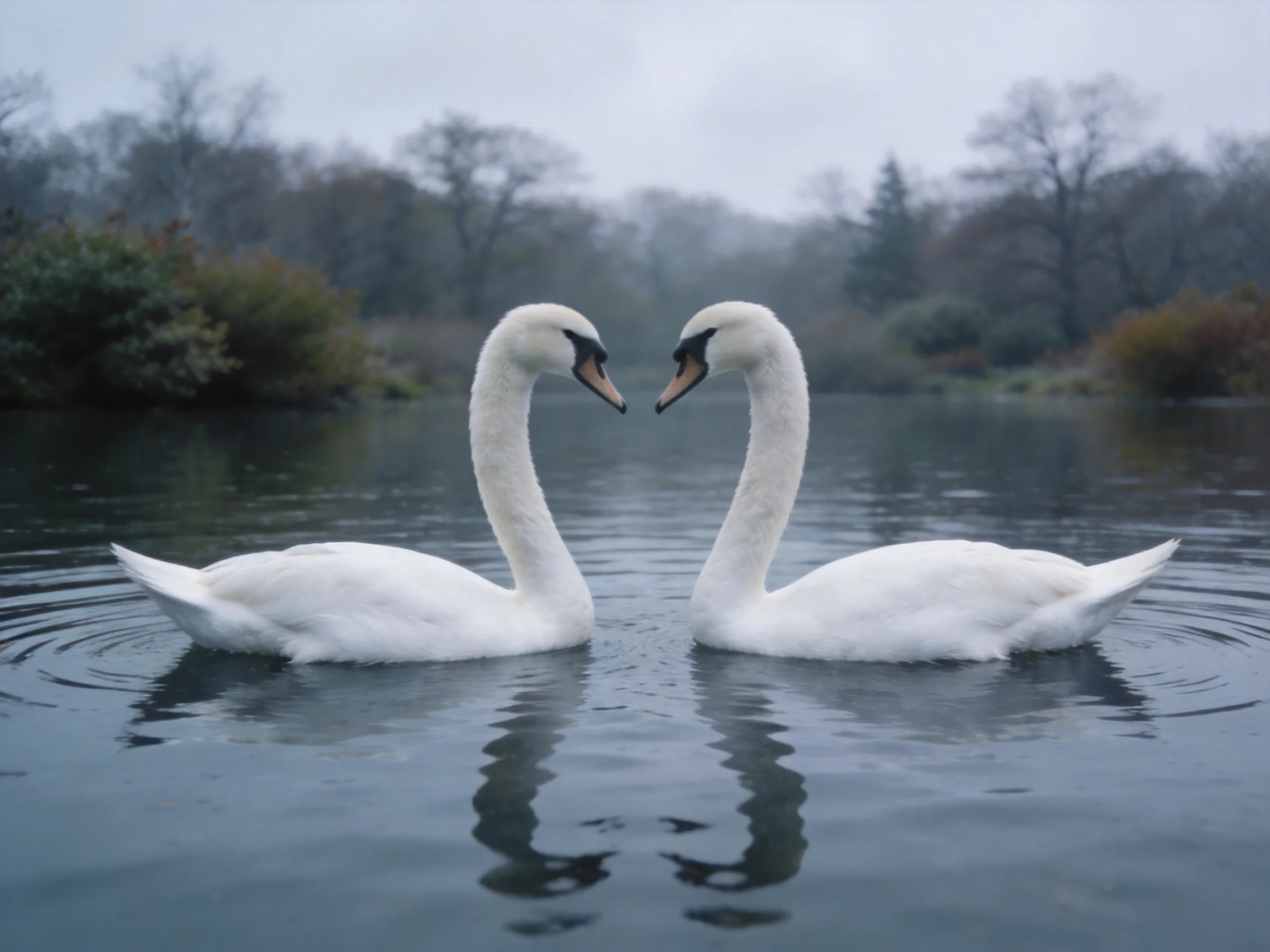 Two white swans form heart shapes in calm water
