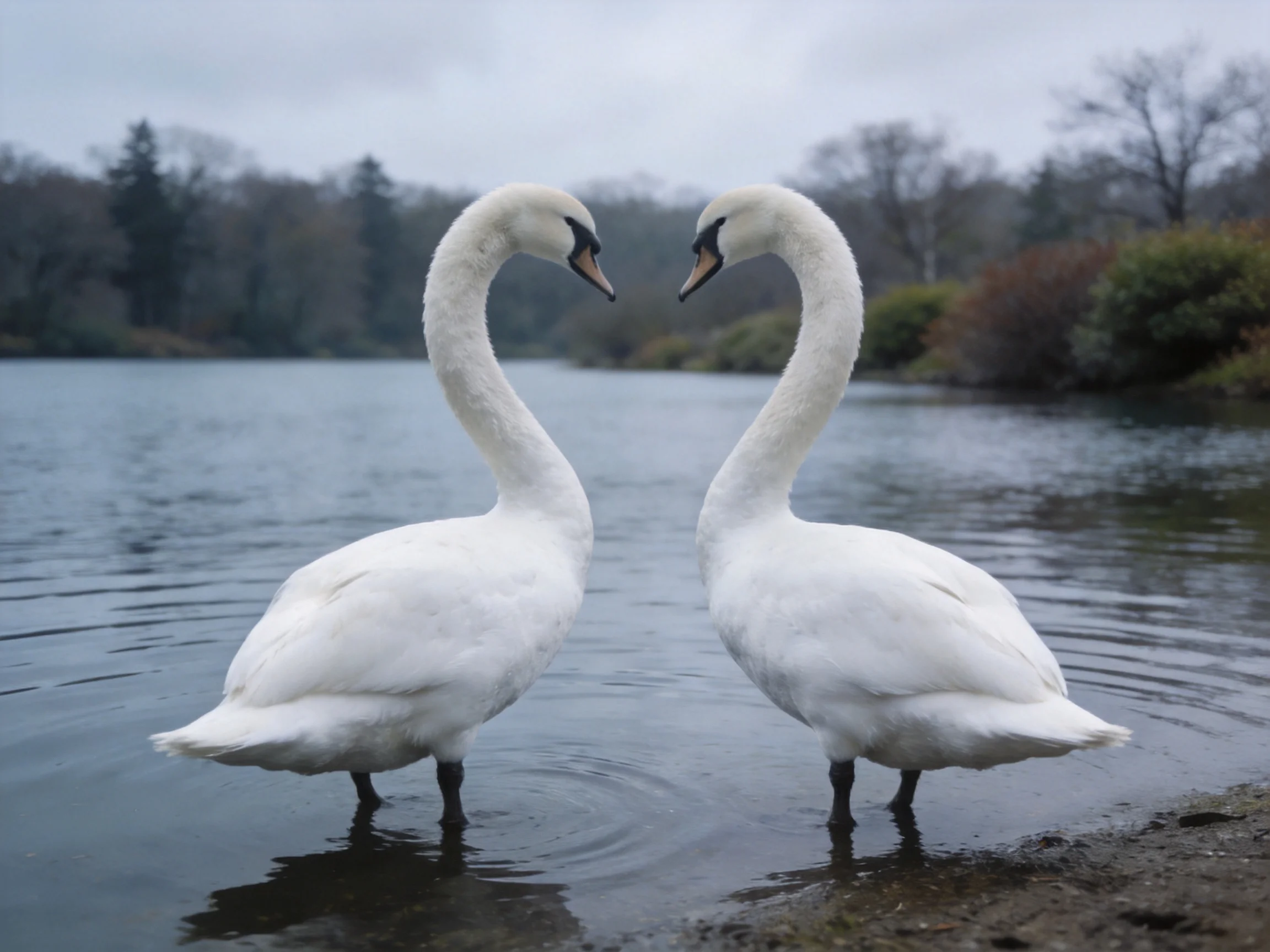 Two white swans form heart shapes near a calm lake