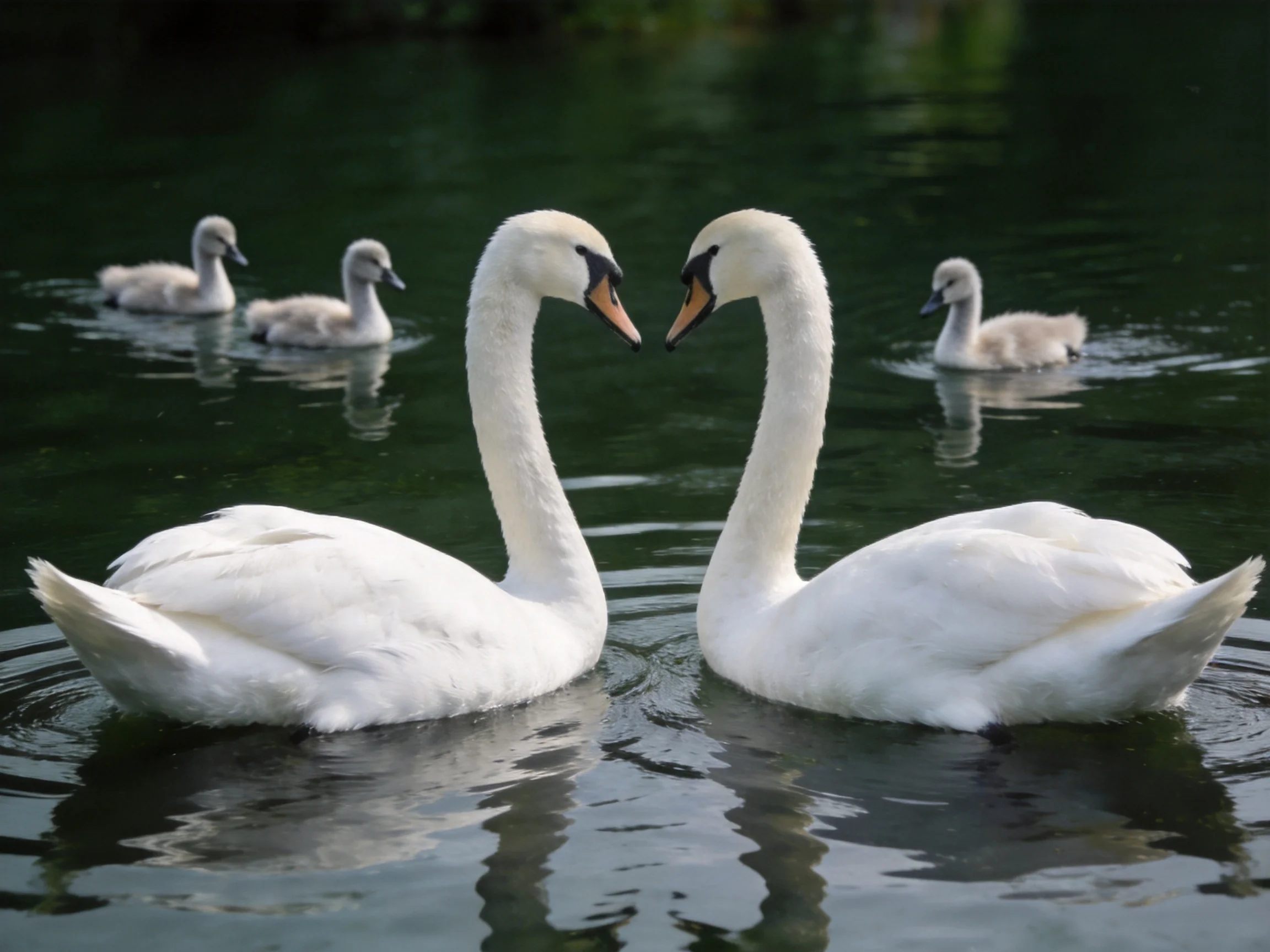 Two white swans form heart shapes with necks, four grey cygnets swim in dark green water