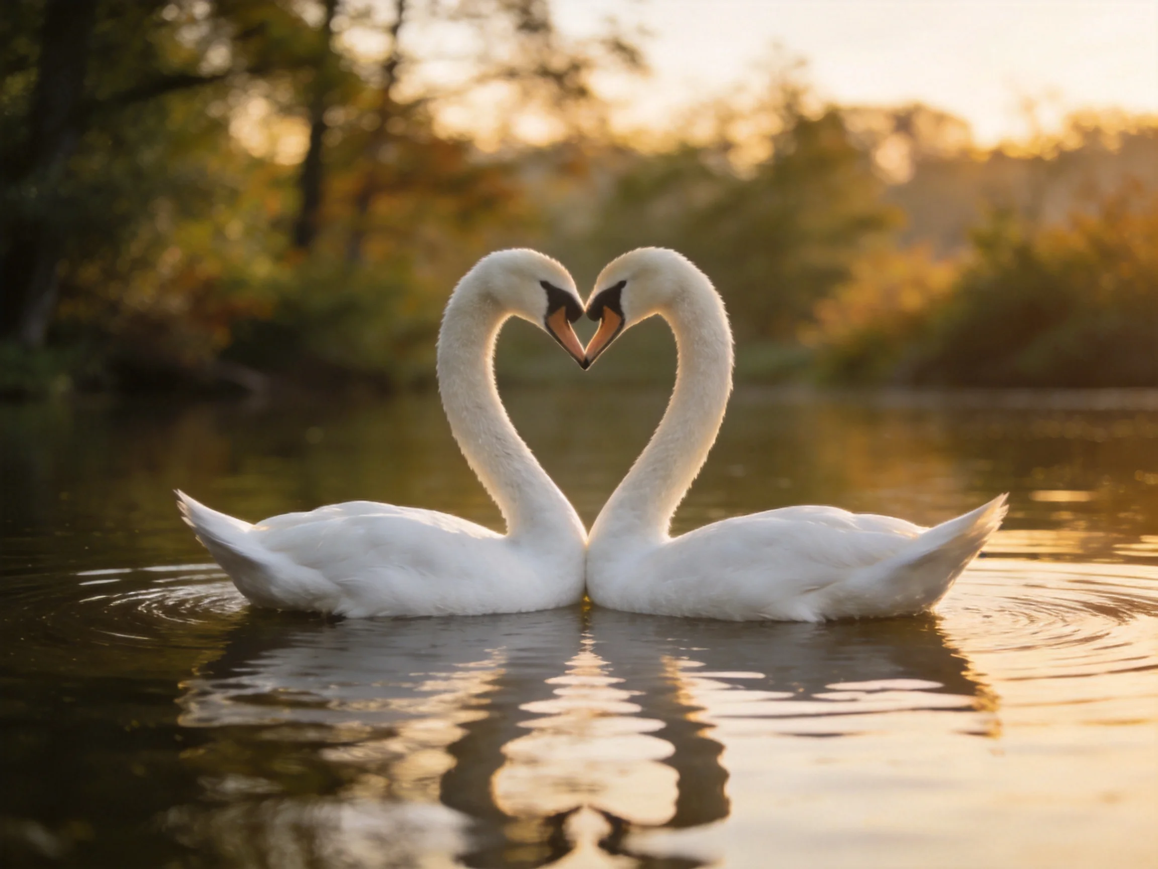 Two white swans forming a heart shape in calm water during golden hour