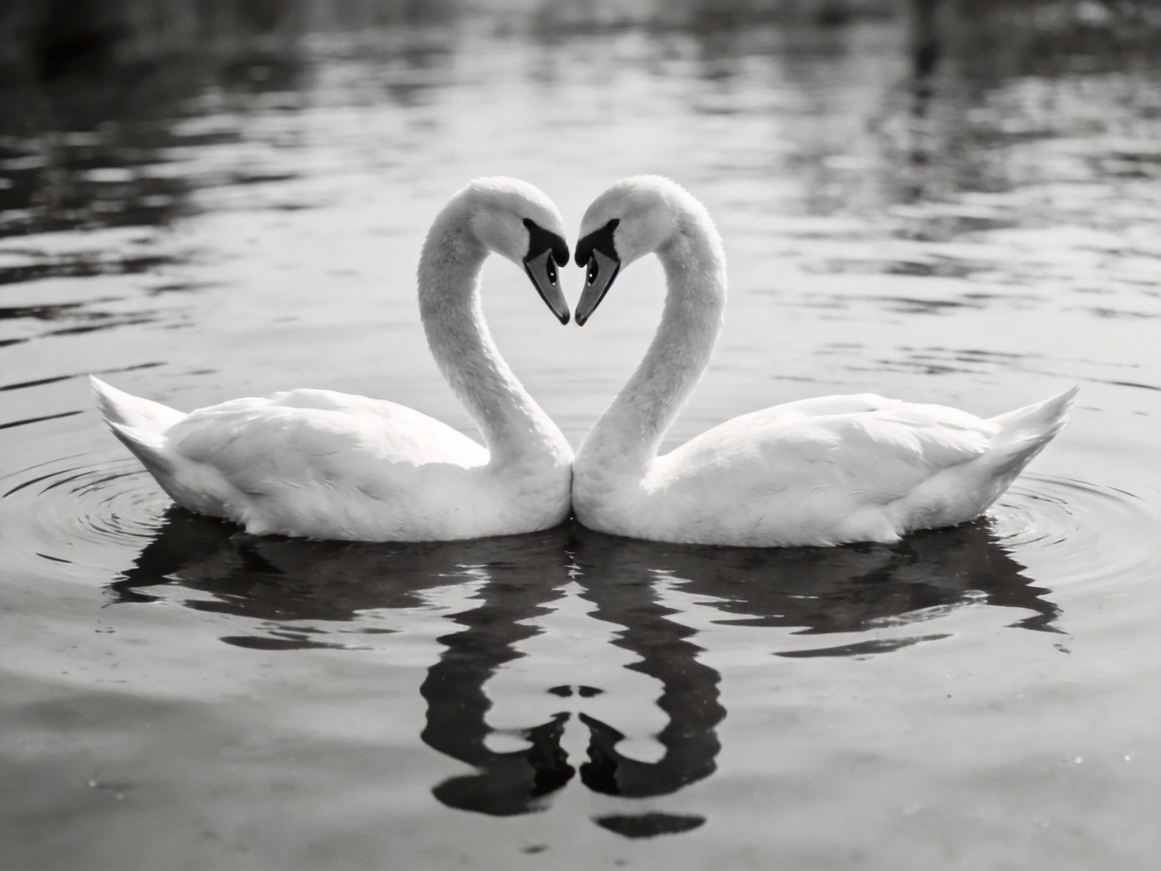 Two white swans forming a heart shape in calm water