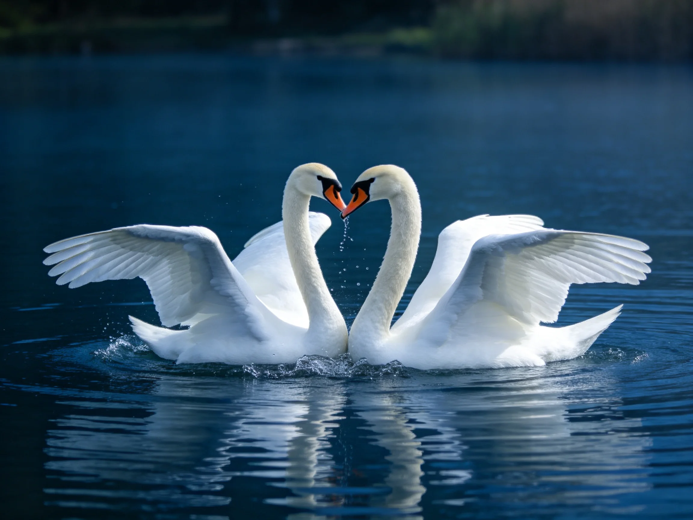 Two white swans forming a heart shape in deep blue water