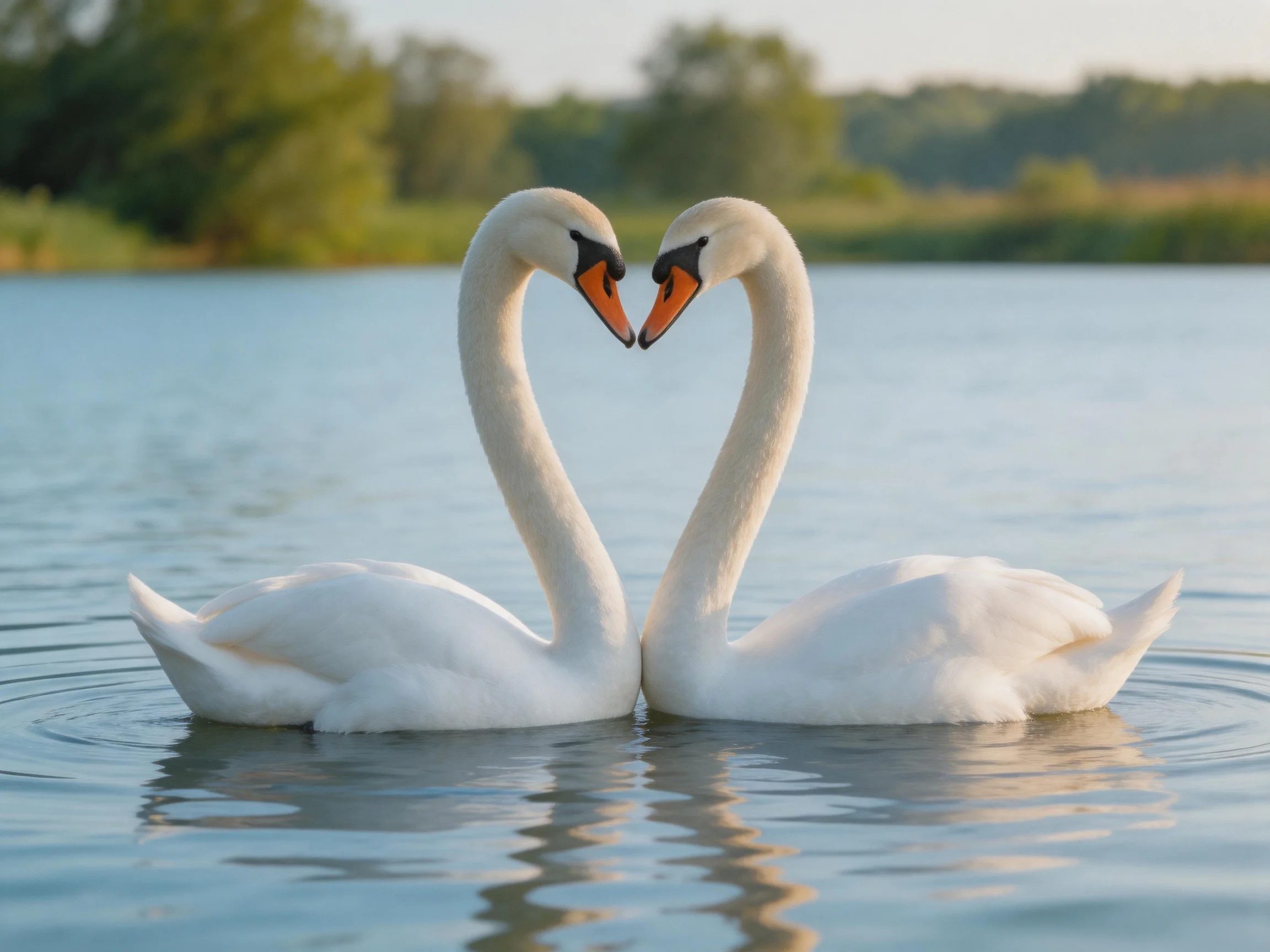 Two white swans forming a heart shape on calm water