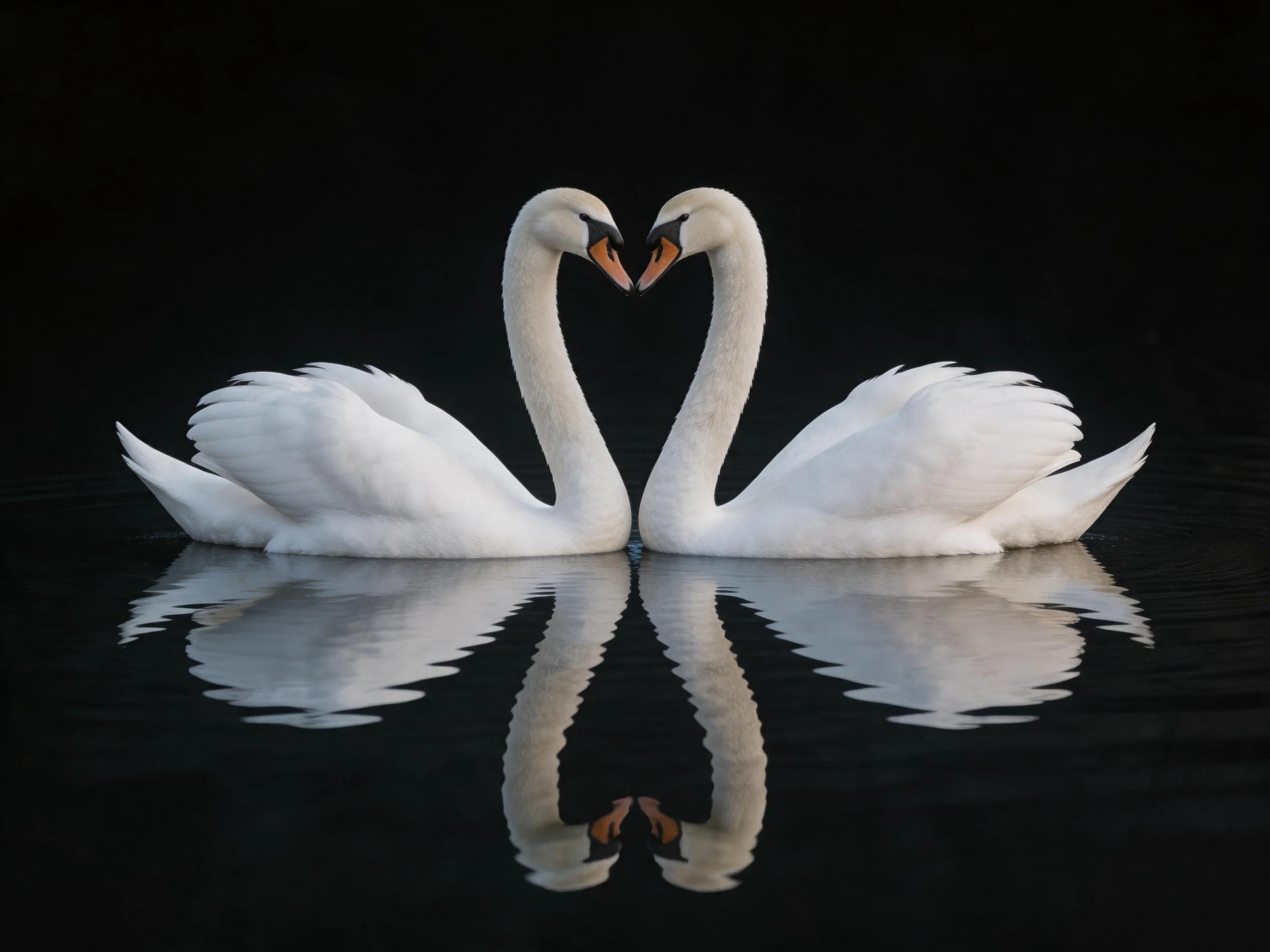 Two white swans forming a heart shape on dark water
