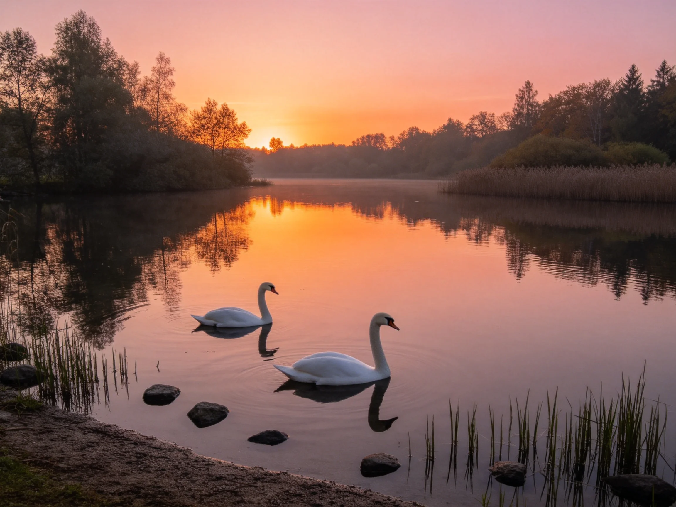 Two white swans glide across a calm lake with a colorful sunset reflection
