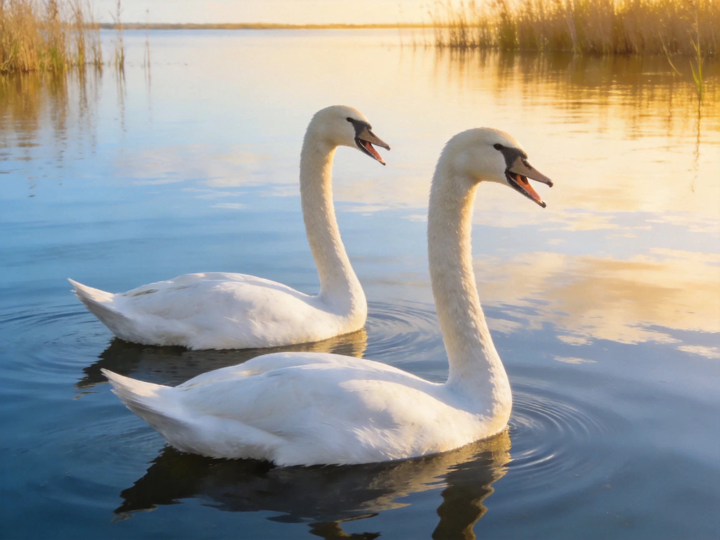 Two white swans glide across calm water near golden reeds