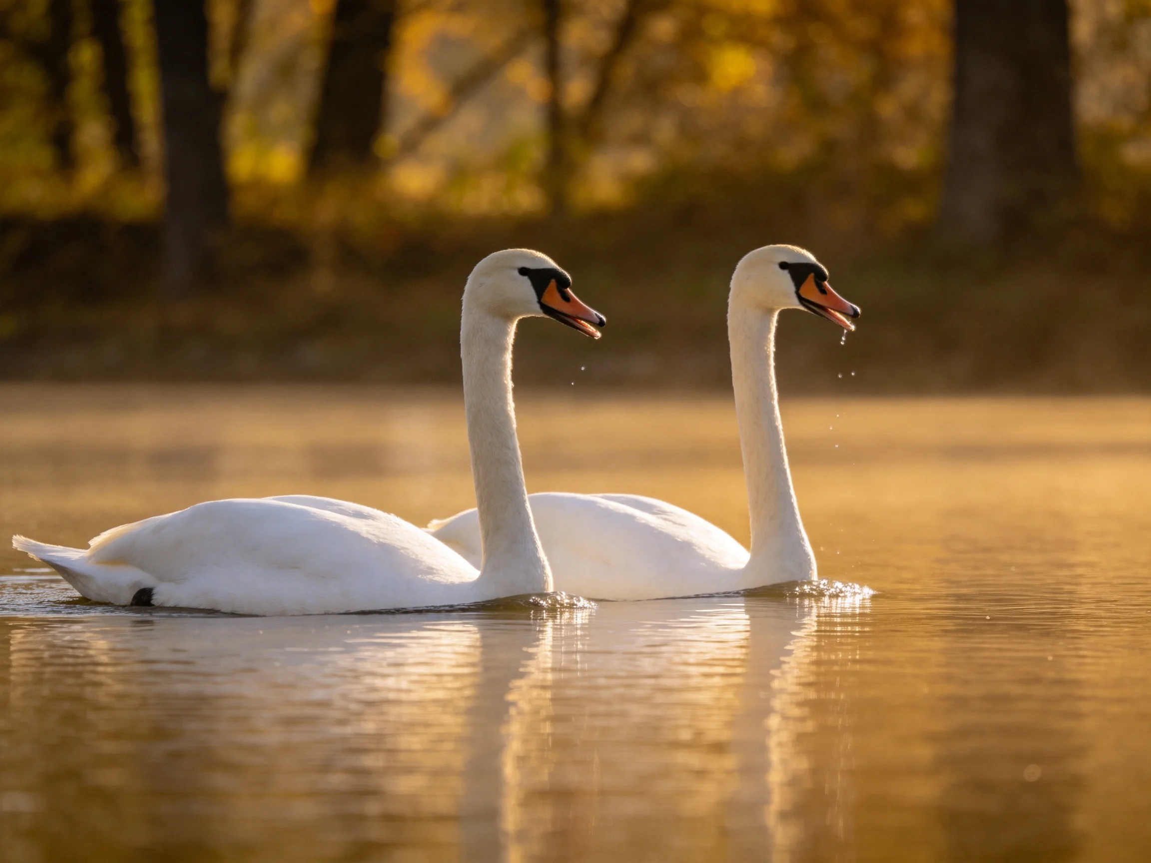 Two white swans glide across golden-hued water near autumnal trees
