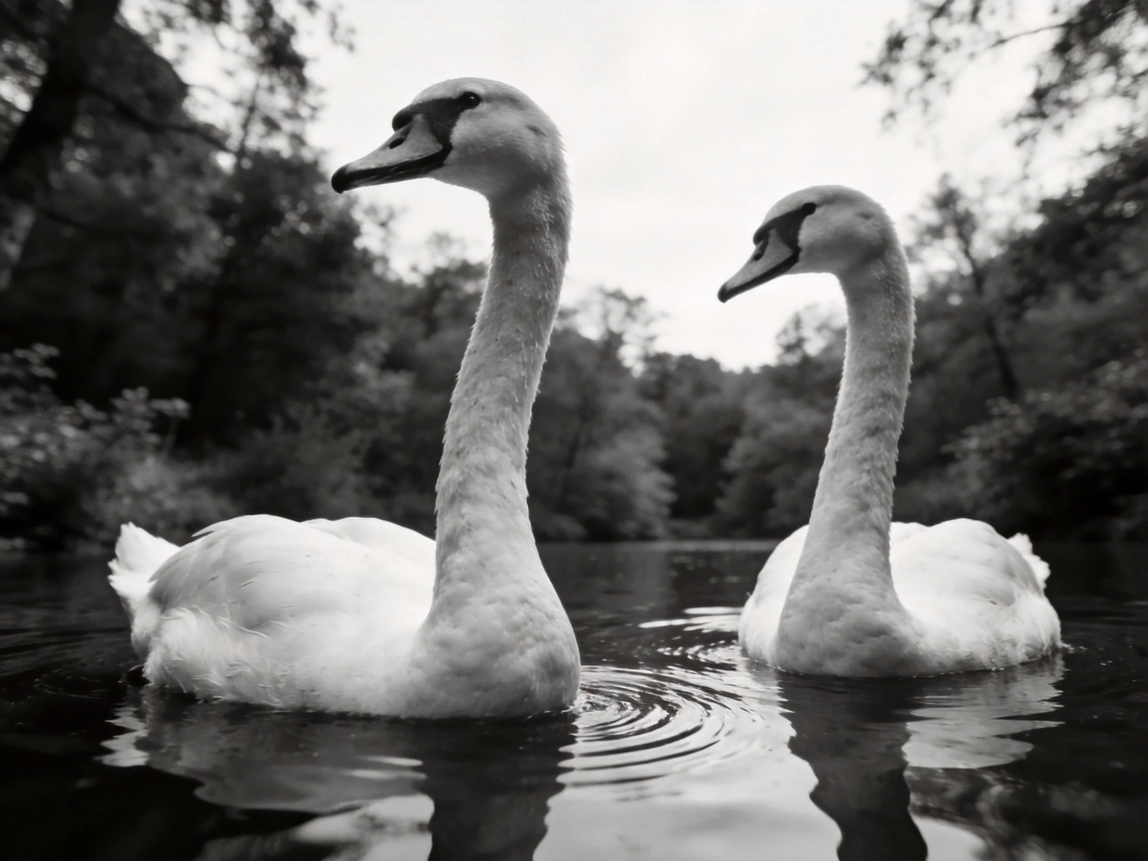 Two white swans glide through calm water near wooded areas