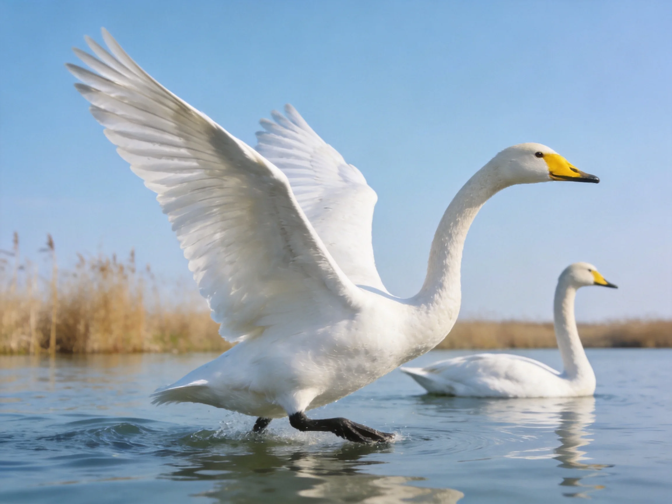 Two white swans in calm water; one landing, one swimming, clear blue sky