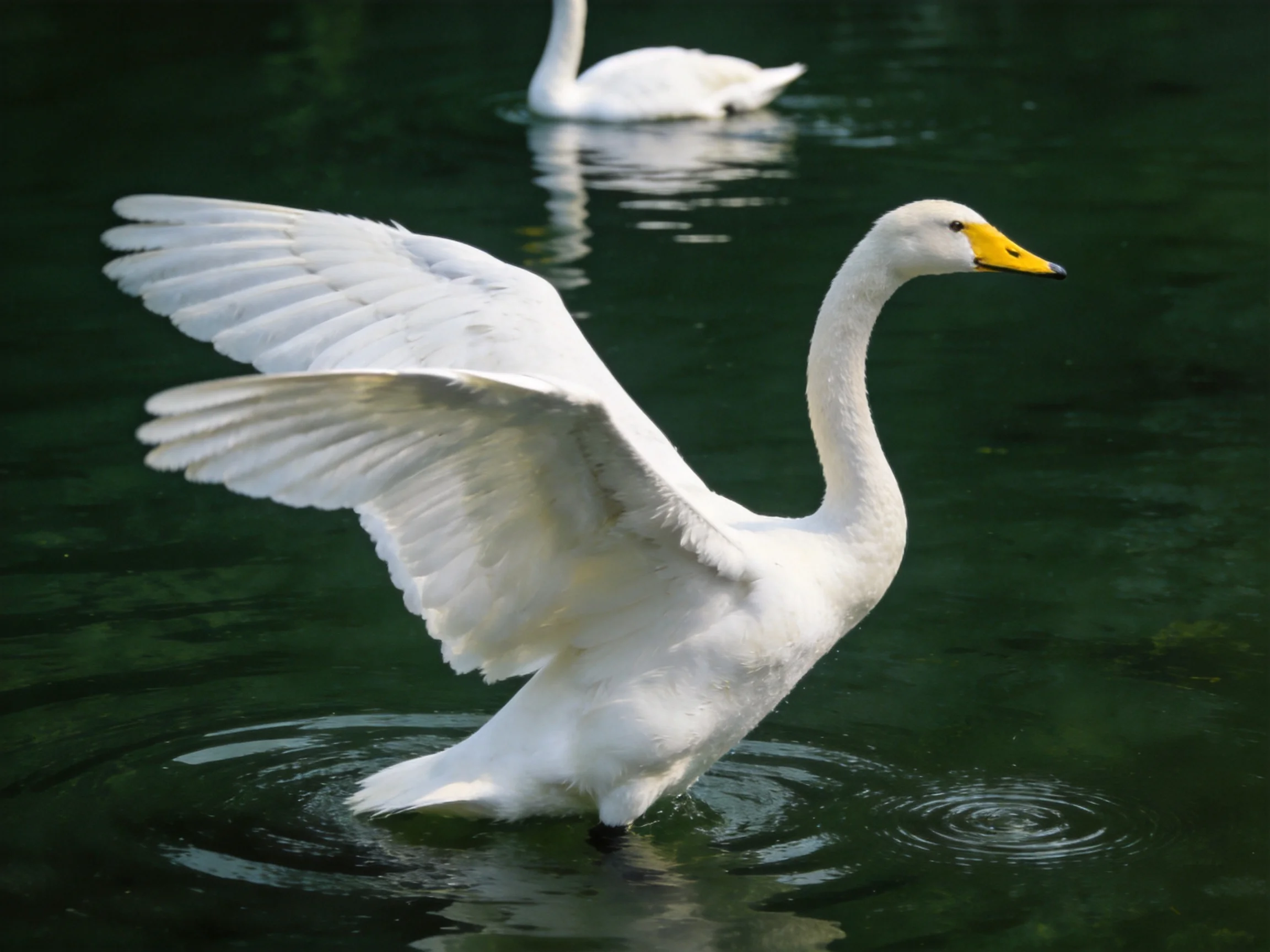 Two white swans in dark green water, one flapping wings