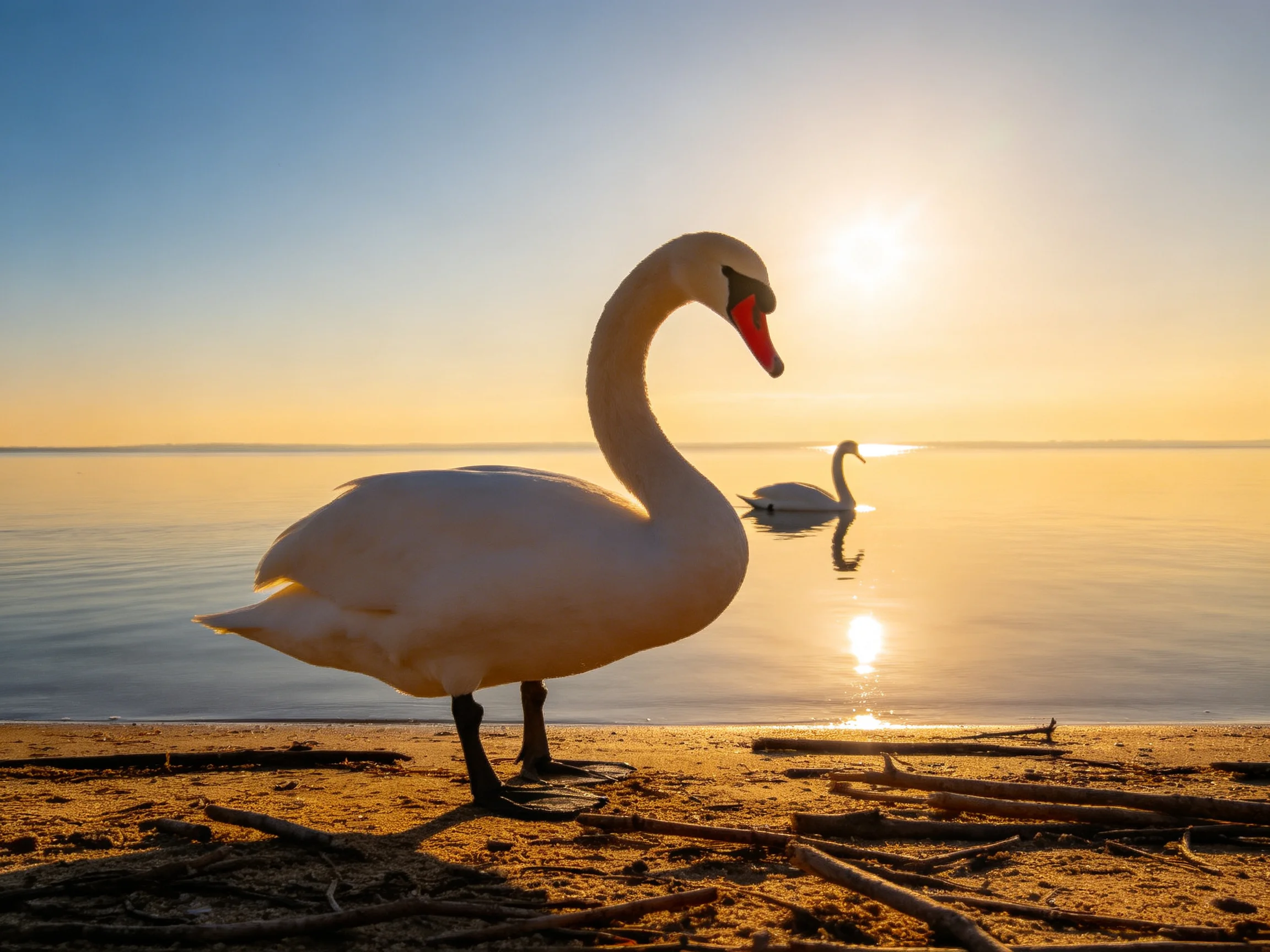 Two white swans on sandy shore with calm water reflecting golden light
