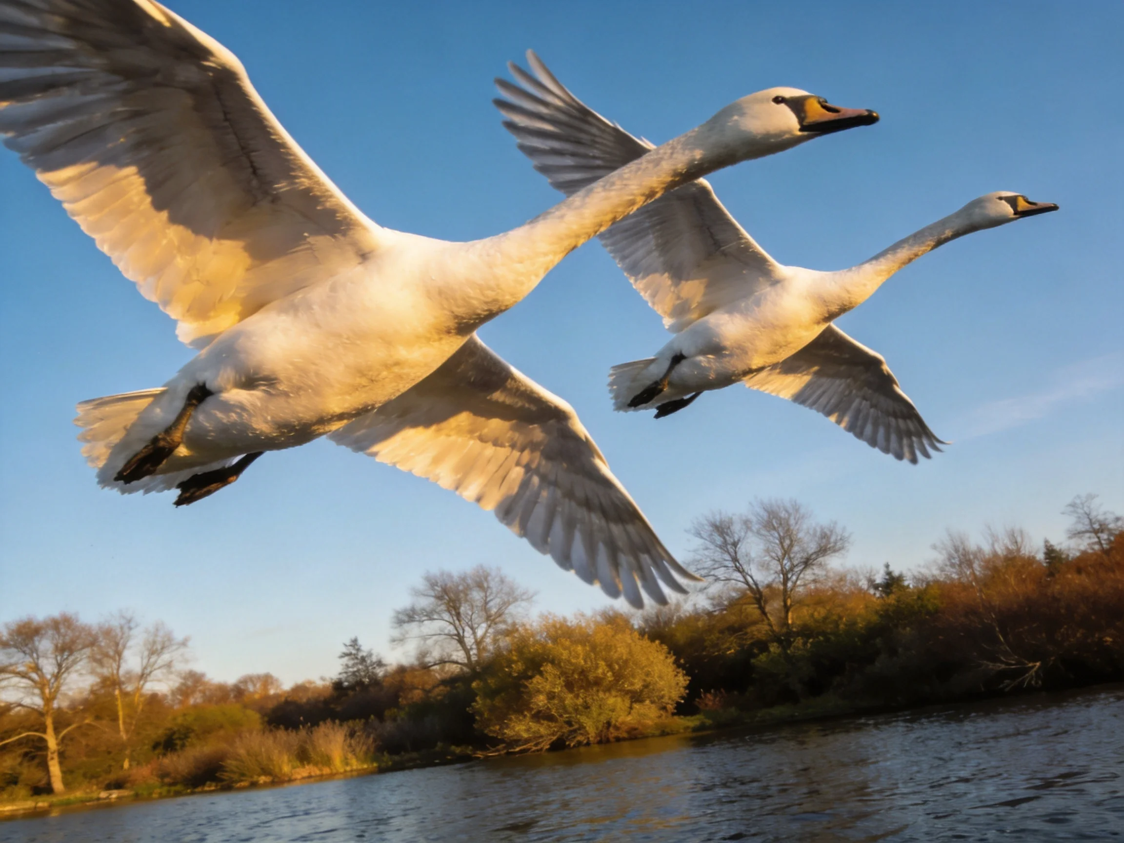 Two white swans soar over a calm river with autumn trees
