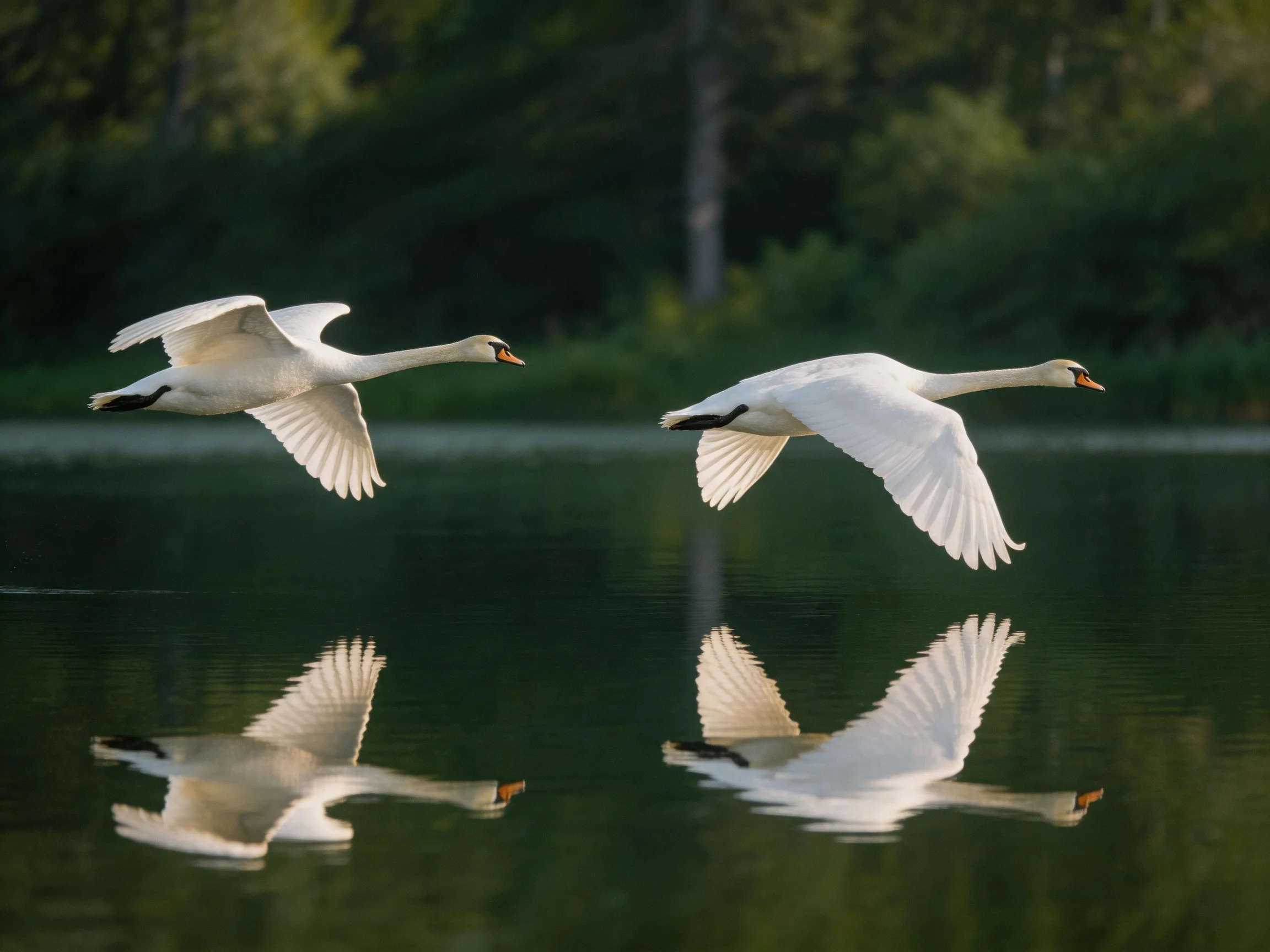 Two white swans soaring over reflective water with forest backdrop