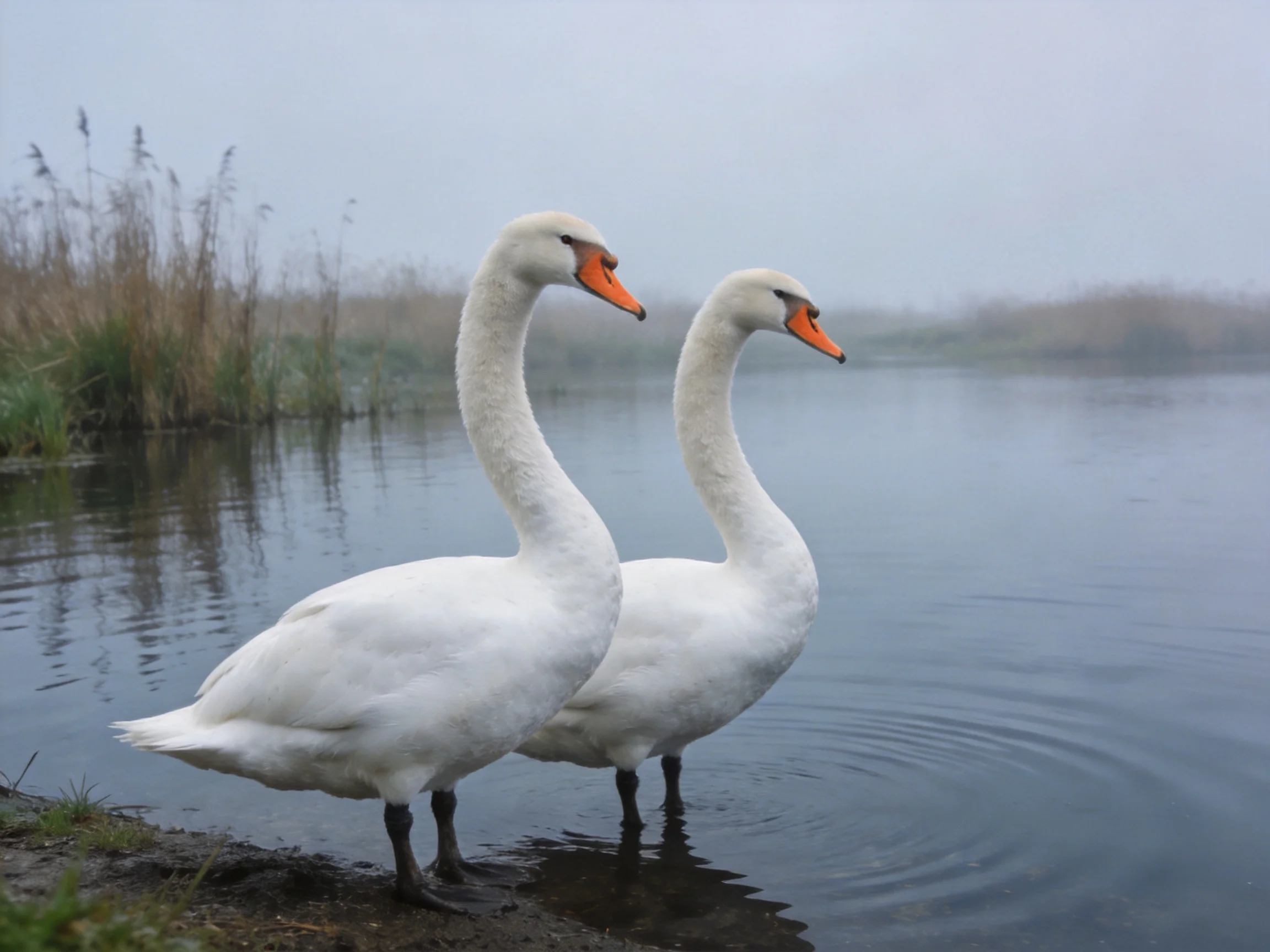 Two white swans with orange beaks near calm water