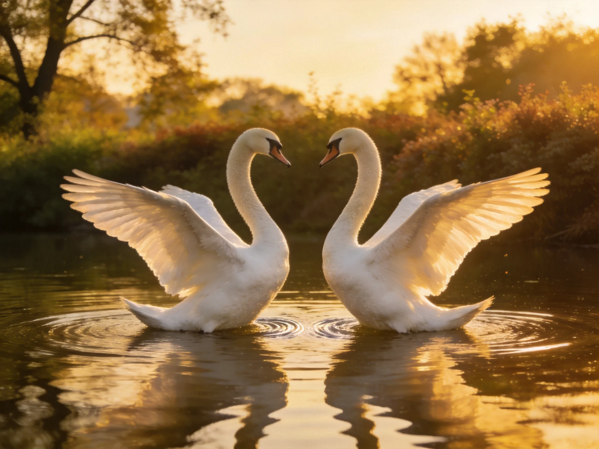 Two white swans with outstretched wings in golden water