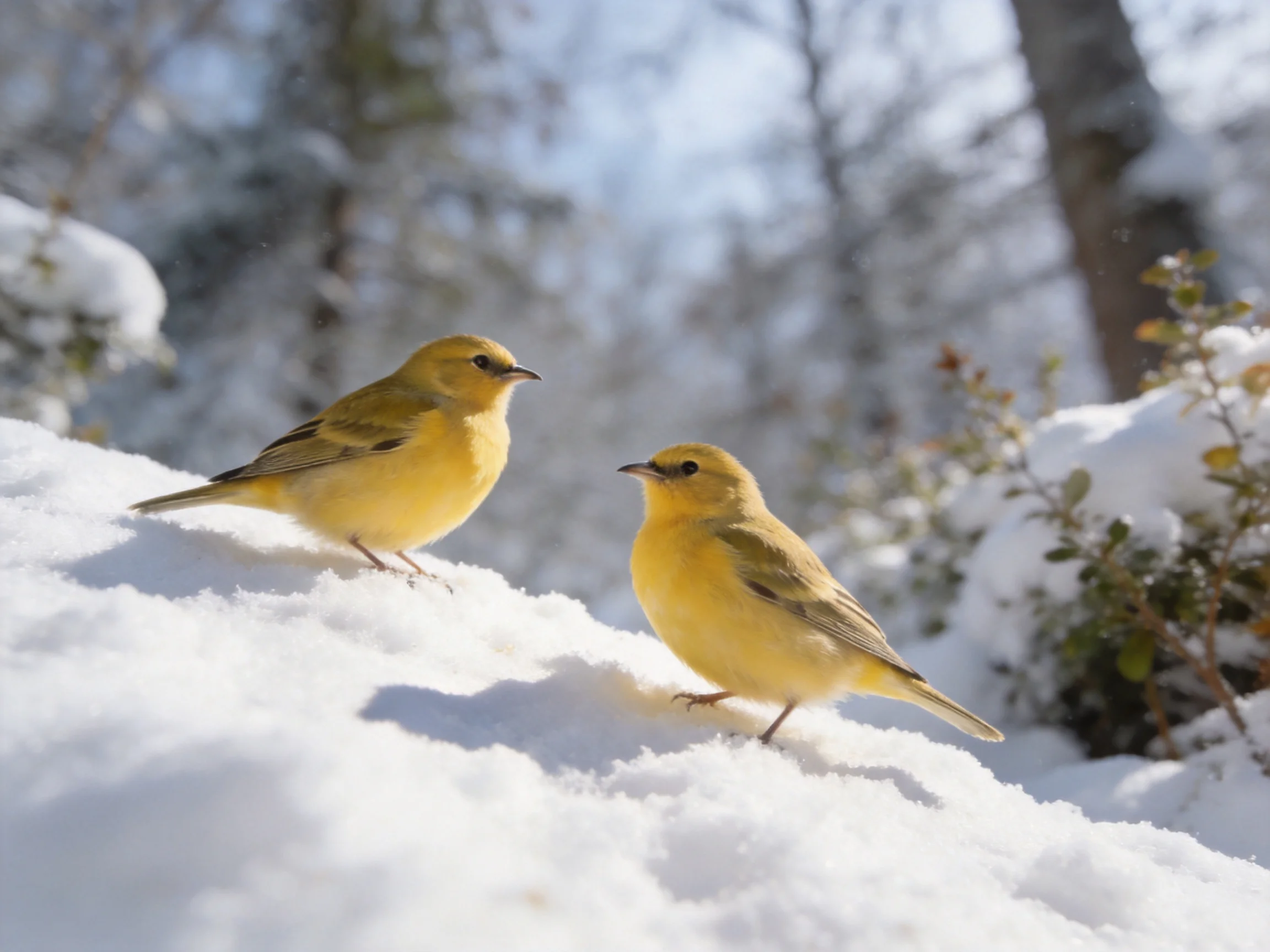 Two yellow songbirds rest on a snow-covered hillside