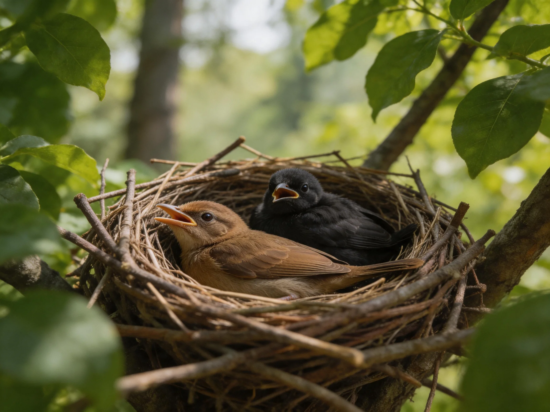 Two young birds, one brown, one black, in a twig nest amid green foliage.