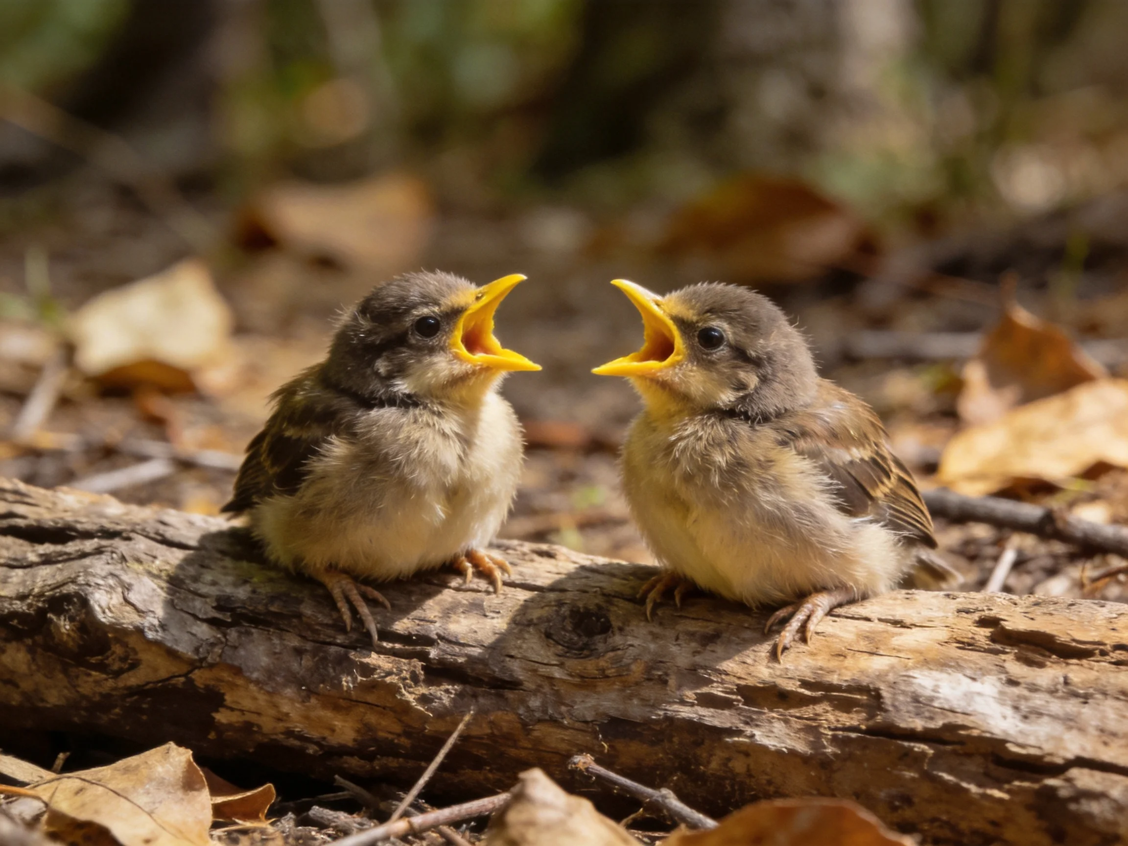 Two young birds with bright yellow beaks perched on a weathered log