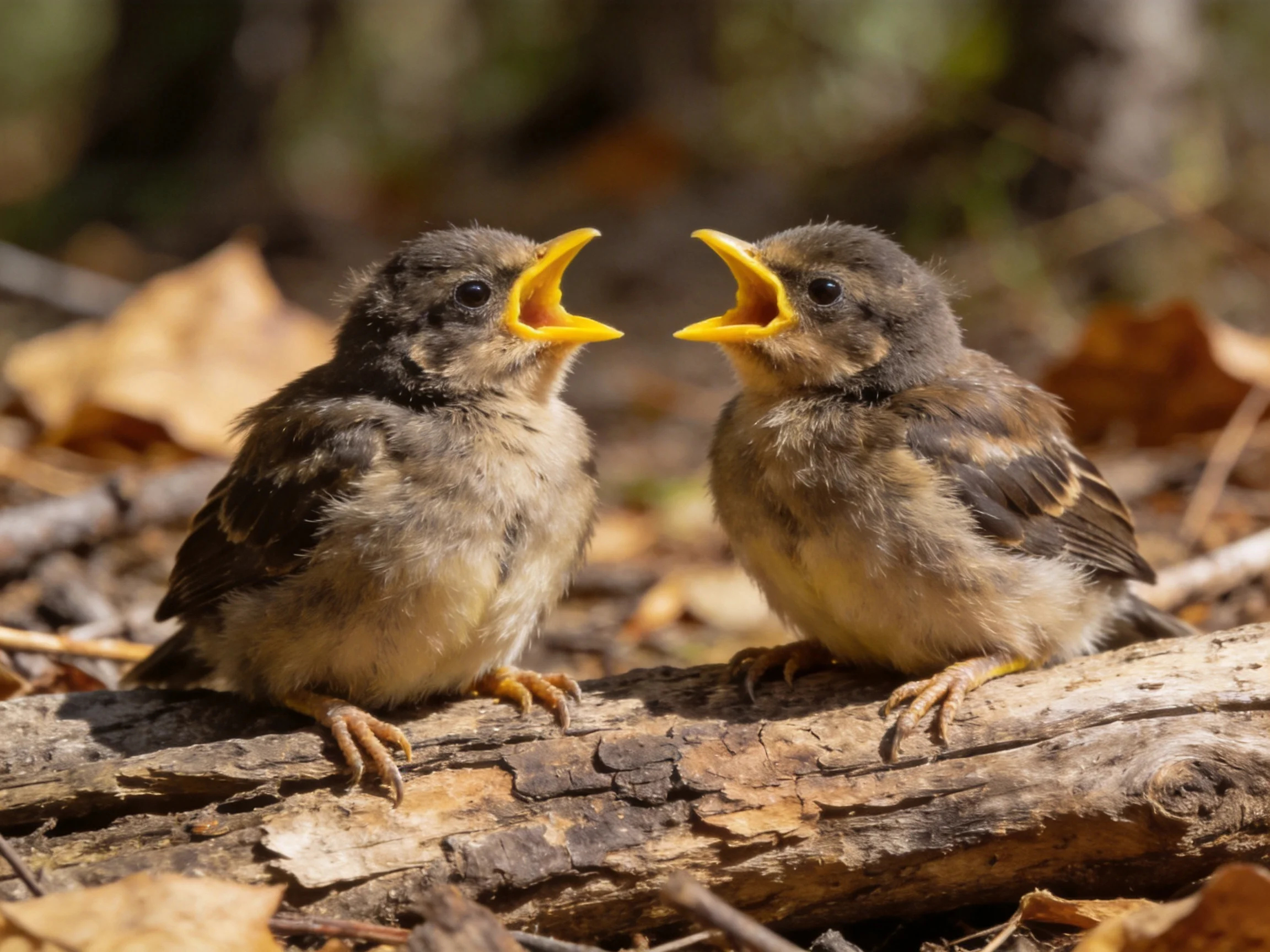 Two young birds with open yellow beaks perched on a weathered log