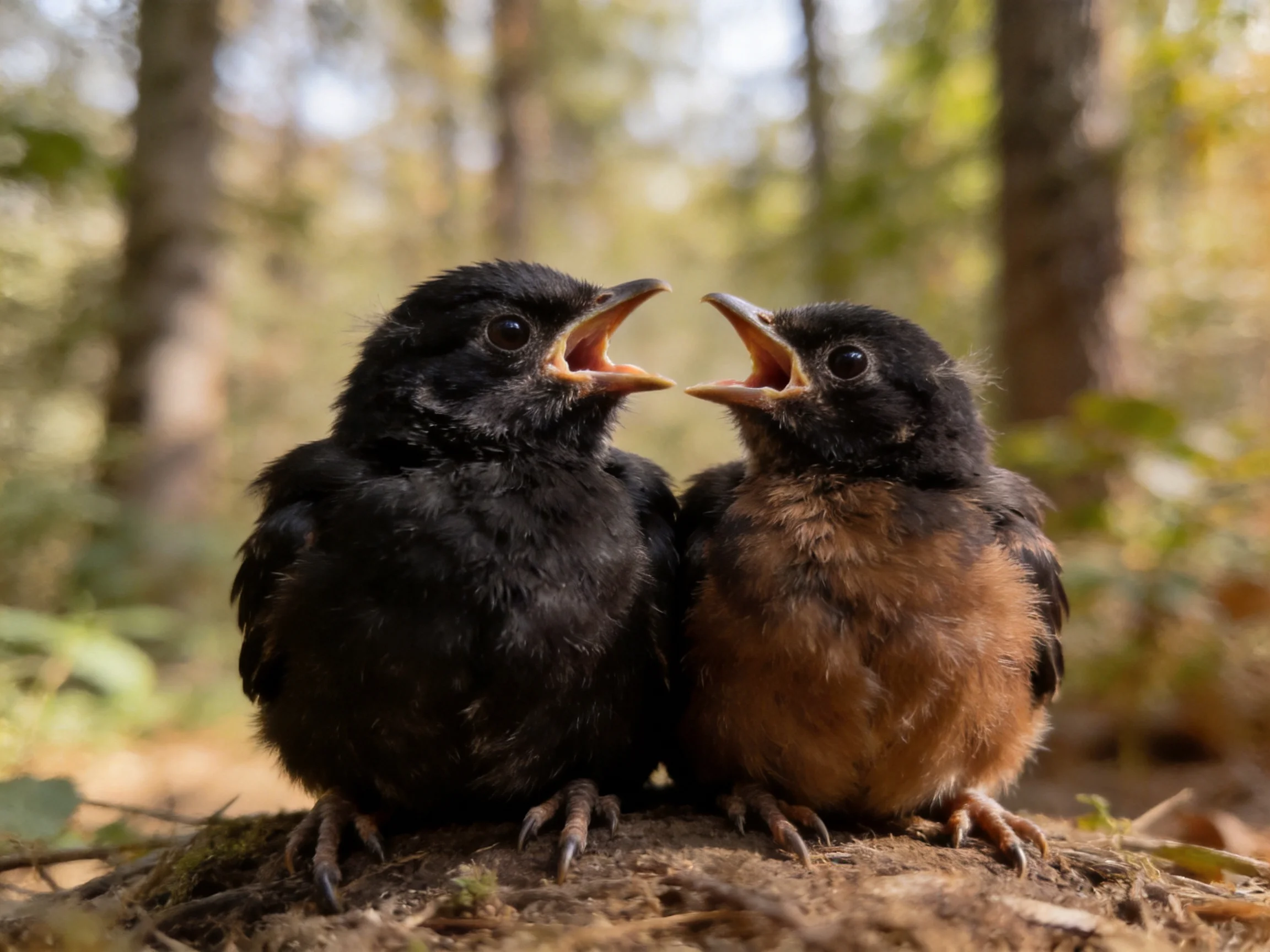 Two young black and reddish-brown chicks on a forest stump
