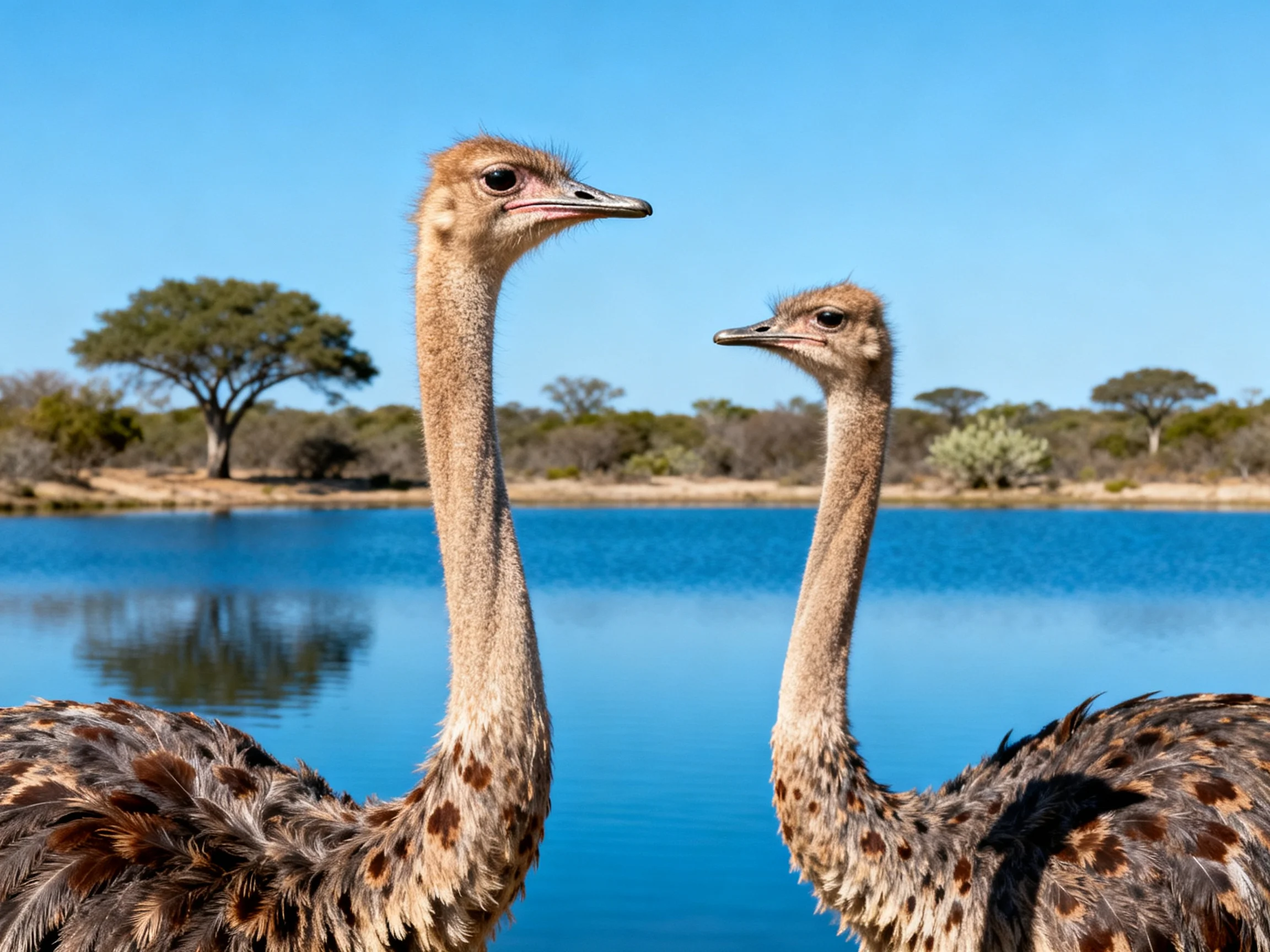 Two young ostriches near a serene blue lake with distant trees