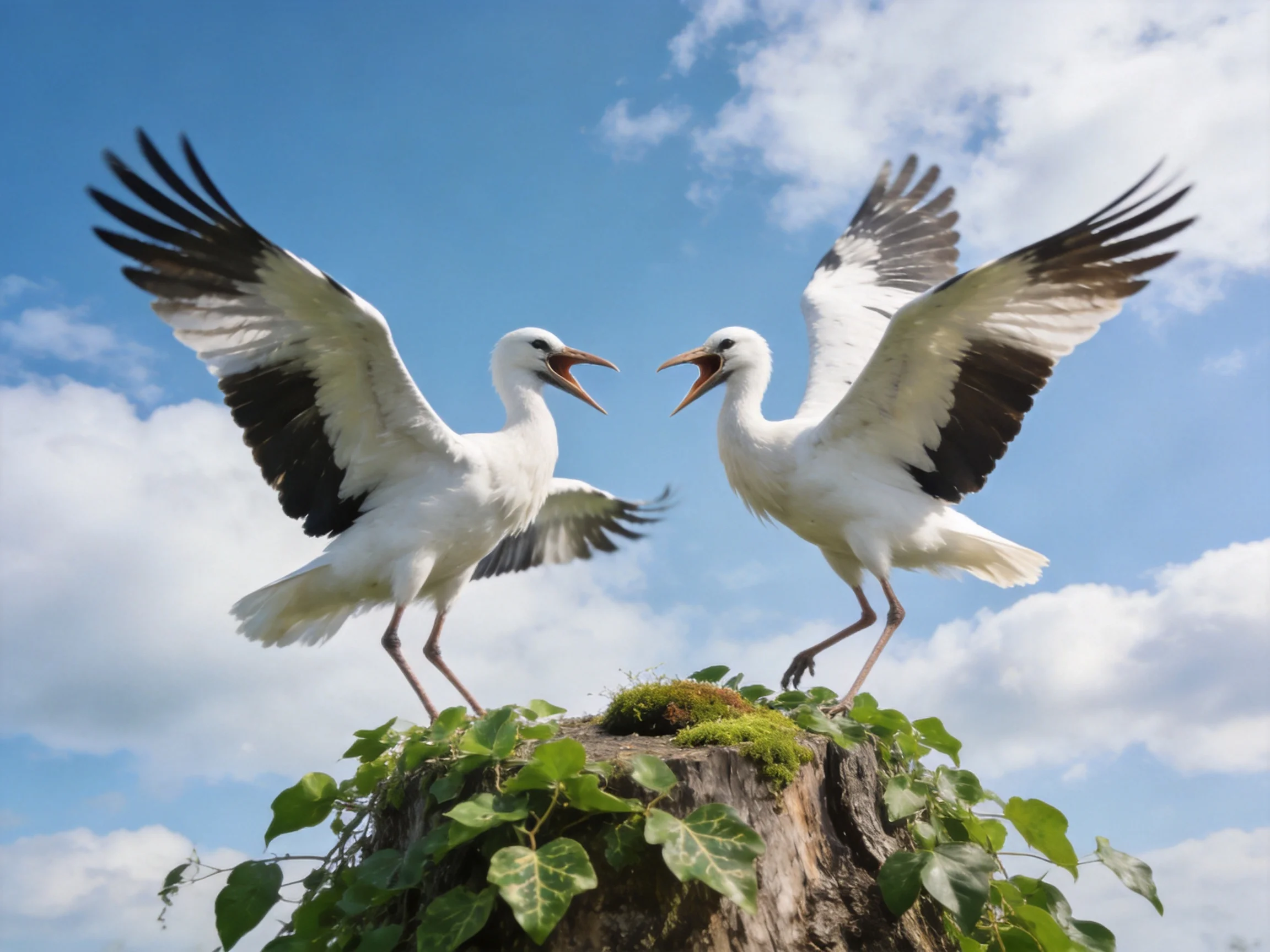Two young storks with black-tipped wings interact on a mossy tree stump