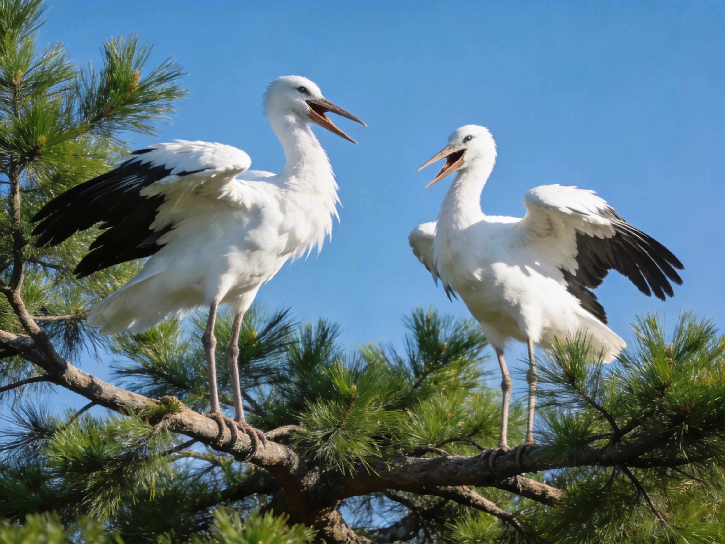 Two young storks with white plumage and black wingtips perch on a pine branch
