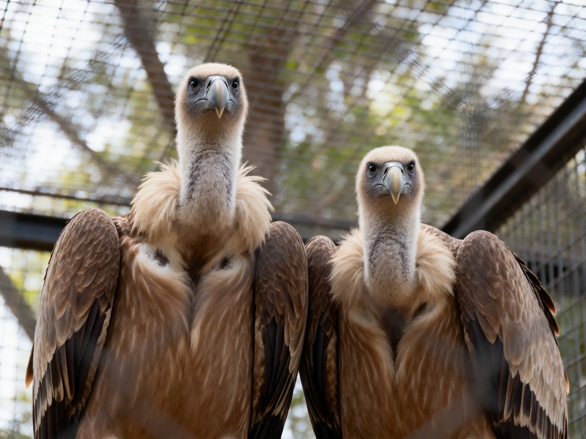 Two young vultures with brown plumage in a mesh enclosure