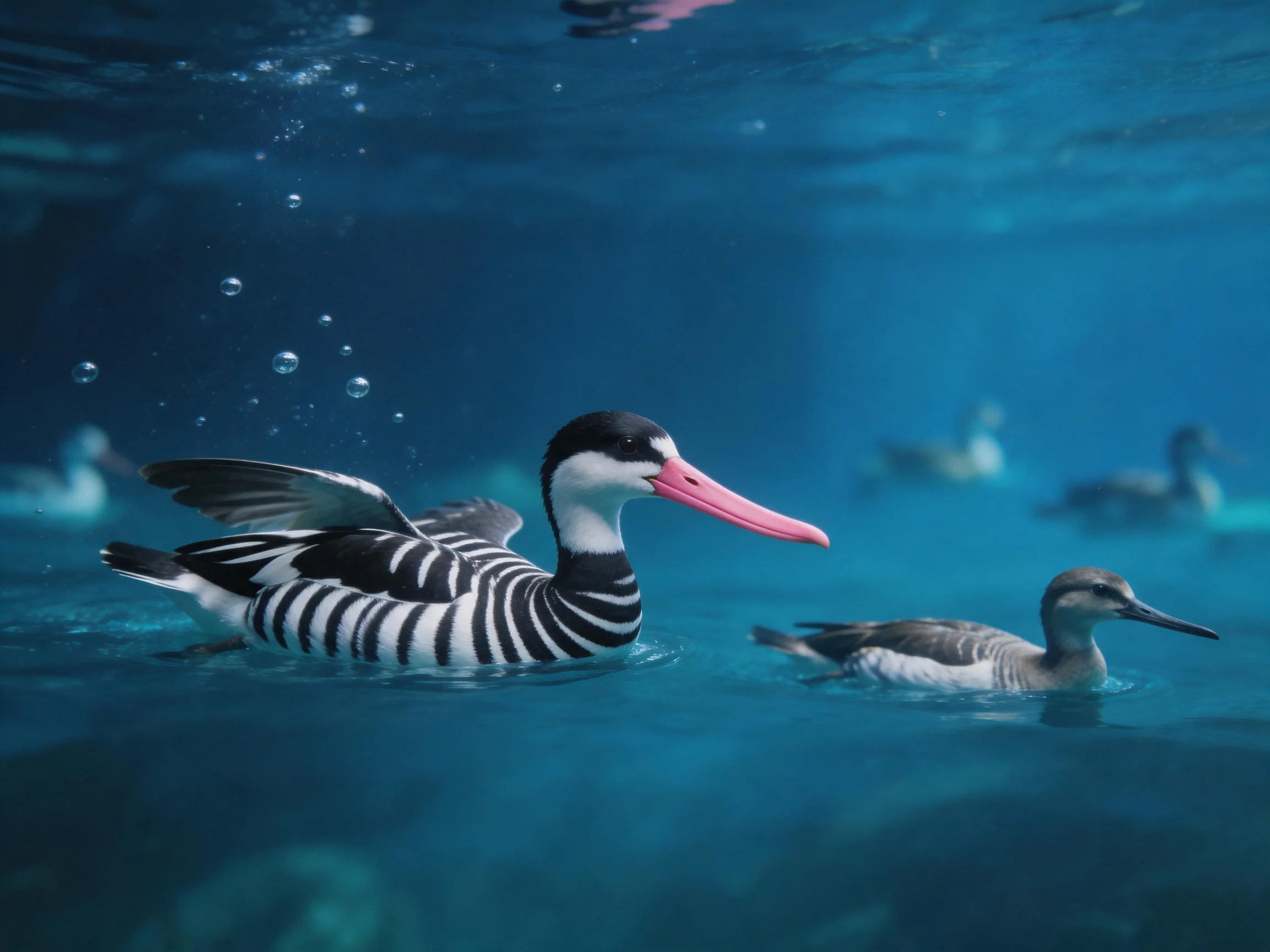 Underwater scene with two birds, one striped and one pink-beaked